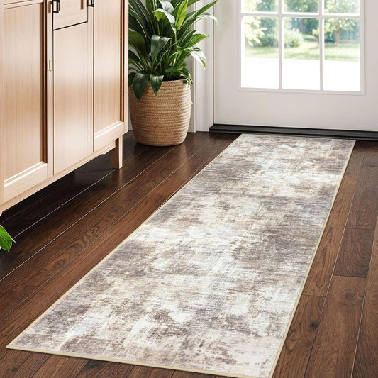 IOHOUZE Abstract Runner Rug 2x5 Ft Washable Runners for Hallways, Non Slip Kitchen Runner Printed Faux Wool Entryway Runner Indoor, Modern Abstract Floor Carpet for Hall Kitchen Bedroom, Beige Brown