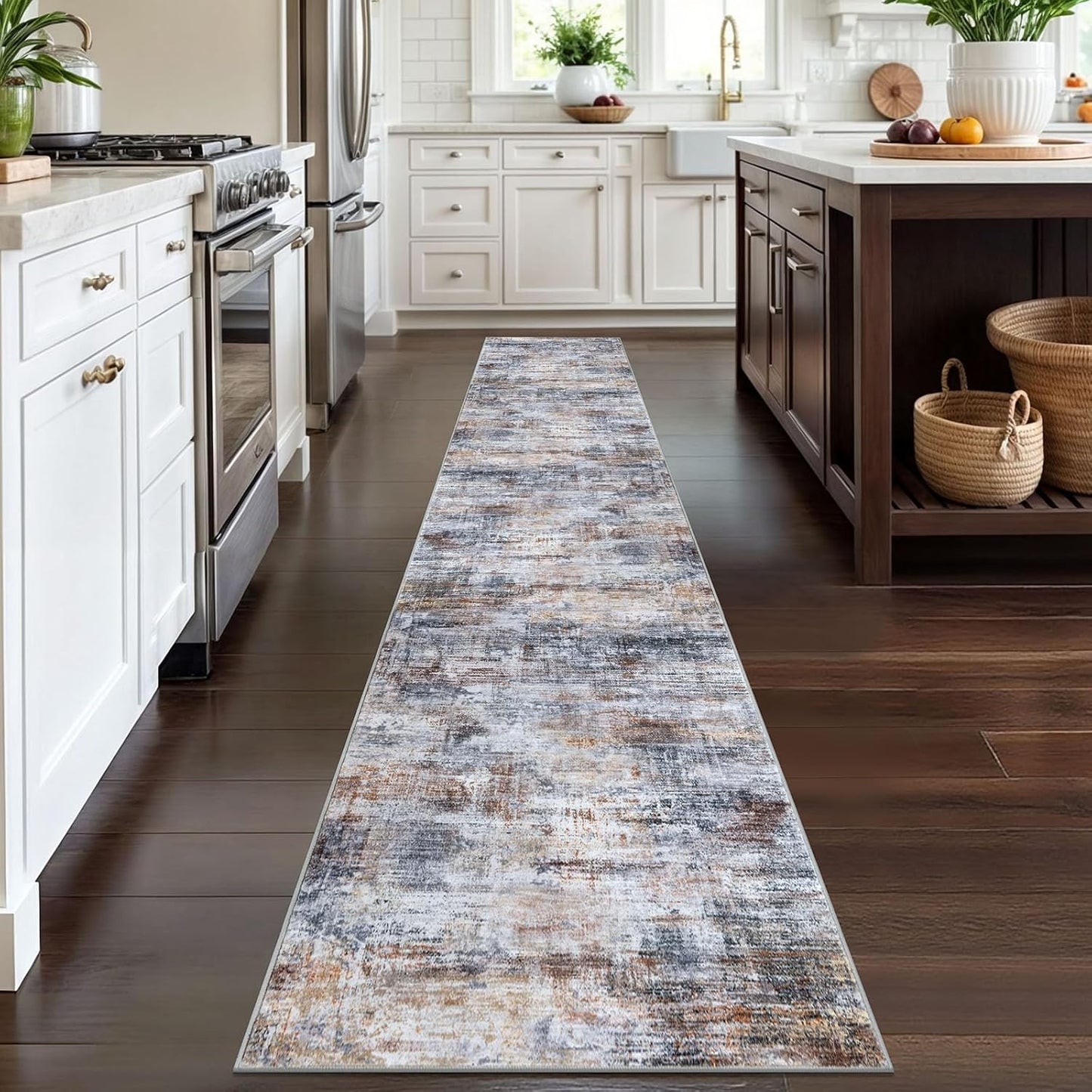 IOHOUZE Abstract Runner Rug 2x12 Ft Washable Runners for Hallways, Non Slip Kitchen Runner Printed Faux Wool Entryway Runner Indoor, Modern Abstract Floor Carpet for Hall Kitchen, Orange Grey