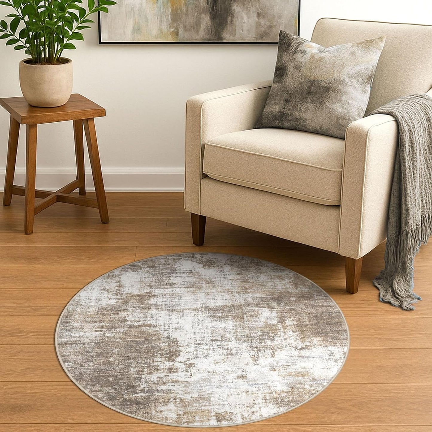 IOHOUZE Round Area Rug 3 Ft Circle Entryway Rugs Round Washable Door Mat Indoor Entrance, Non Slip Circle Front Door Rug, Printed Abstract Faux Wool Floor Carpet for Foyer Porch Sink, Beige Brown