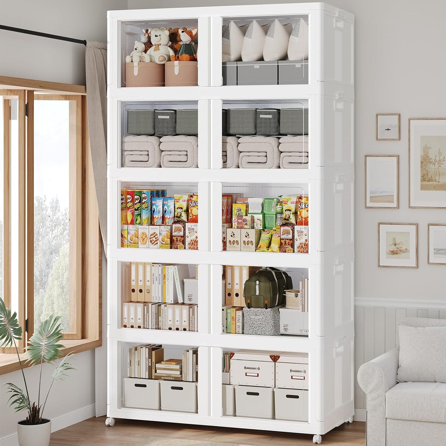 1000Qt Stackable Storage Bins with Lid and Wheel, 250Gal Plastic Closet Organizer and Storage Drawer, Large Collapsible Storages Box Cabinet with Clear Door for Home Kitchen, 5Pack White