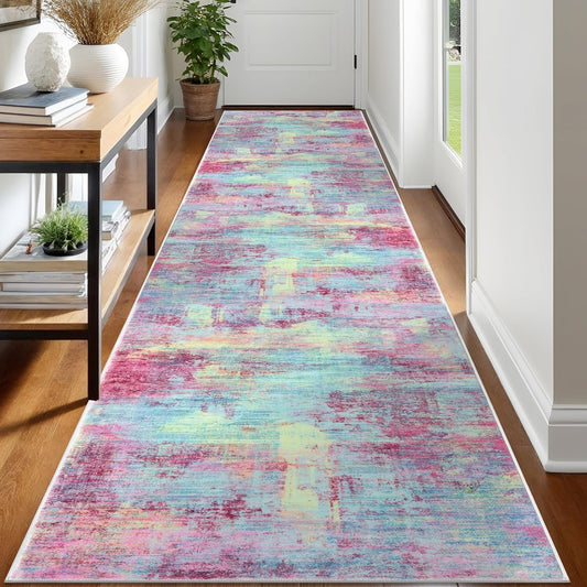 IOHOUZE Abstract Runner Rug 3x12 Ft Washable Runners for Hallways, Non Slip Kitchen Runner Printed Faux Wool Entryway Runner Indoor, Modern Abstract Floor Carpet for Hall Kitchen, Pink Teal