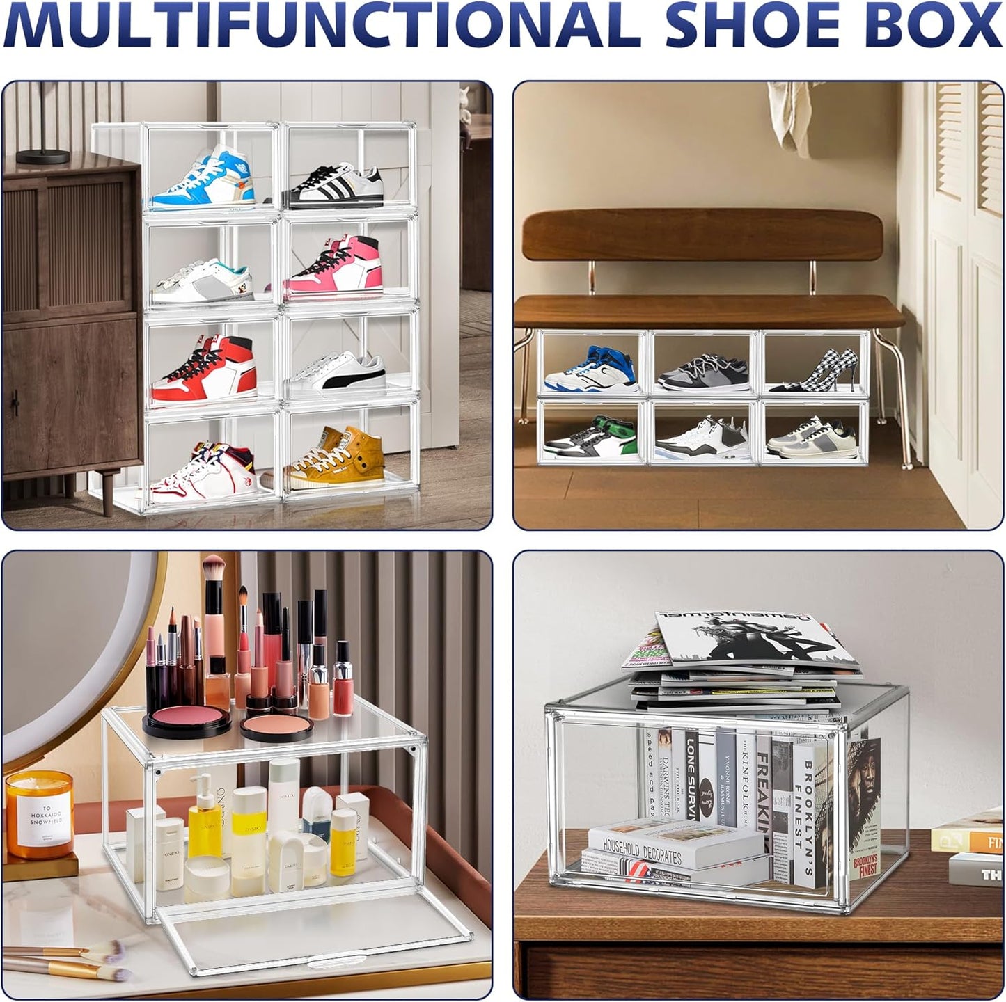 12 Pack Shoe Organizer Clear Plastic Stackable Shoe Storage Boxes with Magnetic Lid Acrylic Display Case Shoe Sneaker Rack for Closet,Fit up to US Size 12