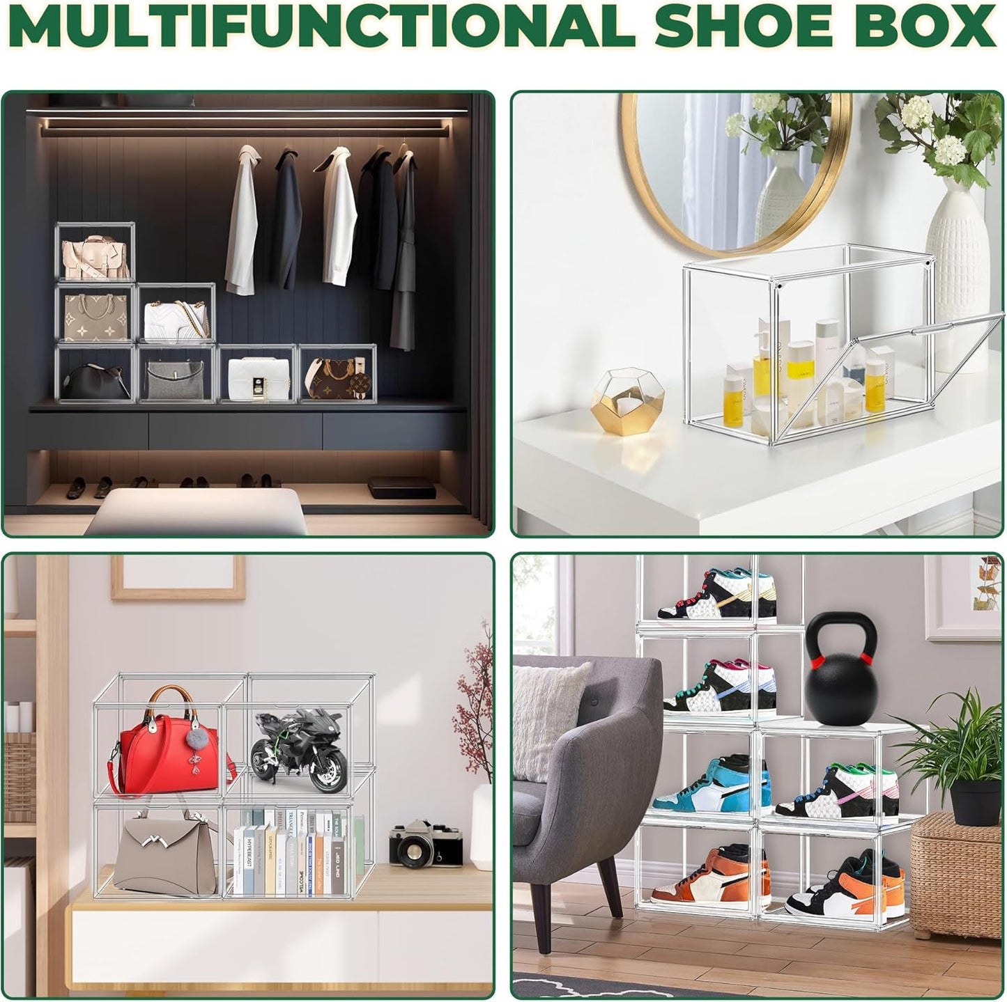 12 Pack Thicken Shoe Rack Organizer for Closet Acrylic Shoe Box with Magnetic Door Sneaker Display Case Handbag Purse Organizer, Fit up to US Size 14