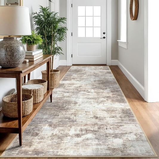IOHOUZE Abstract Runner Rug 3x10 Ft Washable Runners for Hallways, Non Slip Kitchen Runner Printed Faux Wool Entryway Runner Indoor, Modern Abstract Floor Carpet for Hall Kitchen Bedroom, Beige Brown