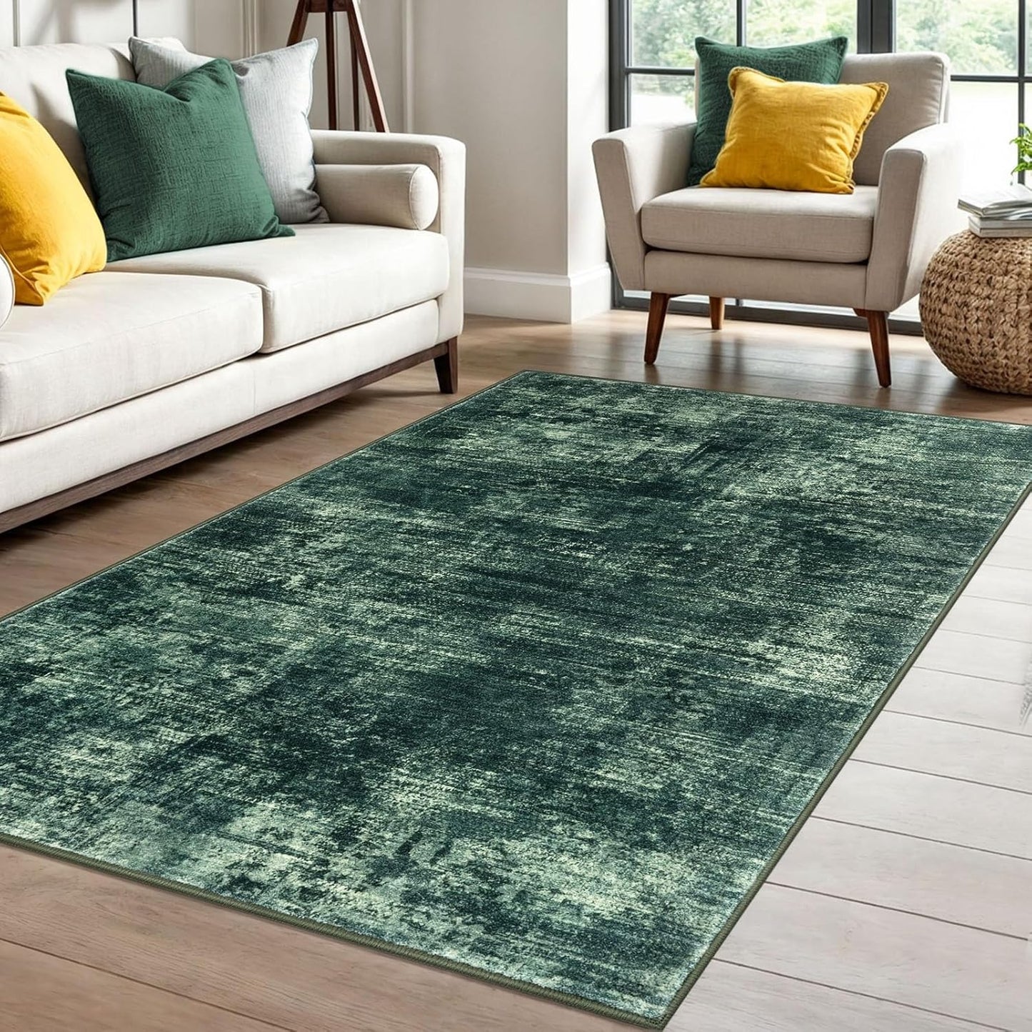 IOHOUZE Abstract Area Rug 4x6 Ft Washable Rugs for Entryway Indoor, Non Slip Small Living Room Rugs Printed Faux Wool Throw Rug, Floor Carpet for Kitchen Nursery Playroom, Dark Green