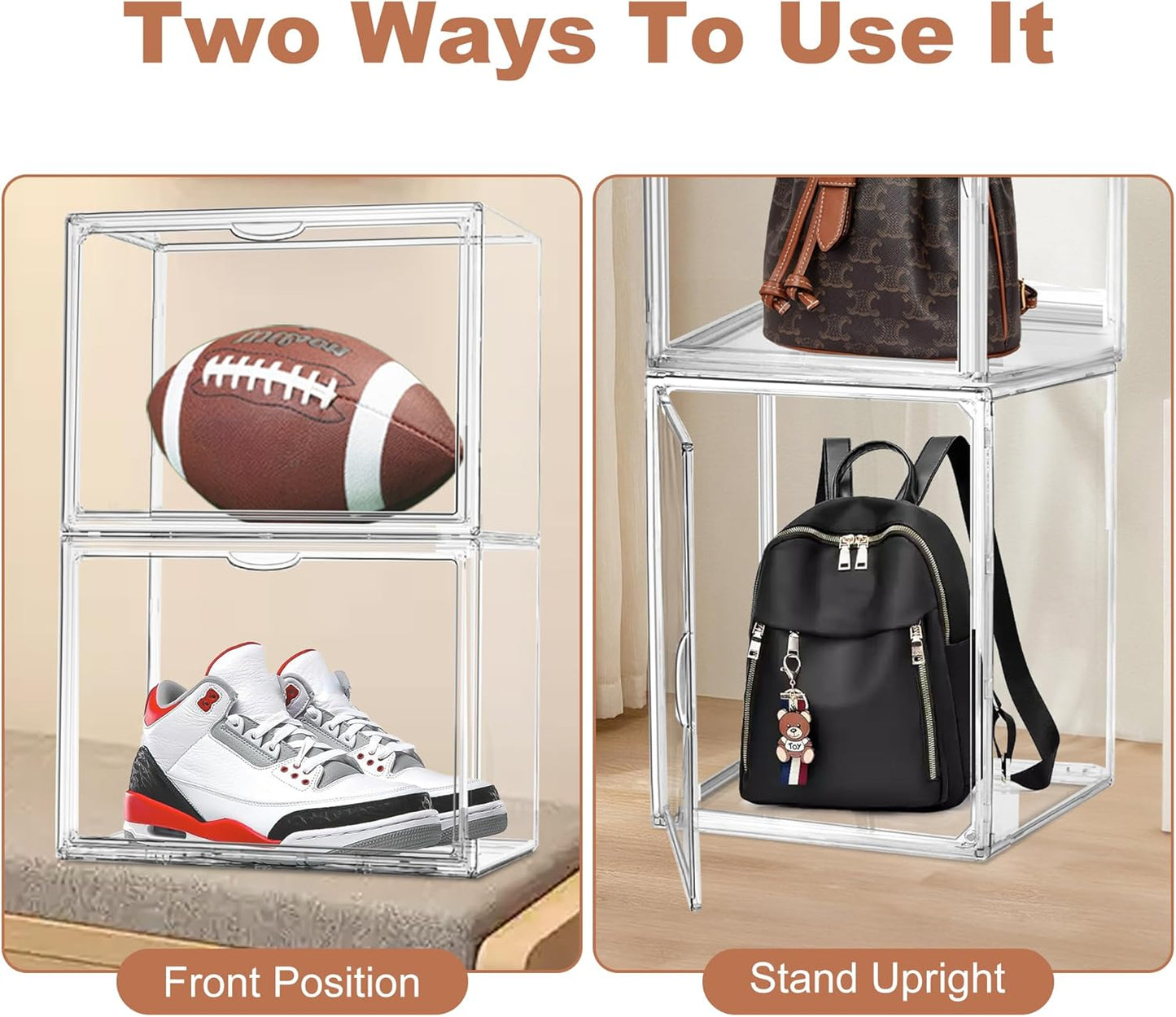 10 Pcs Clear Purse Storage Boxes, Plastic Shoe Boxes Stackable Acrylic Display Case Shoe Organizer with Magnetic Lid, Acrylic Display Box for Collectibles,Purse Organizer,Handbag,Shoes Size 14