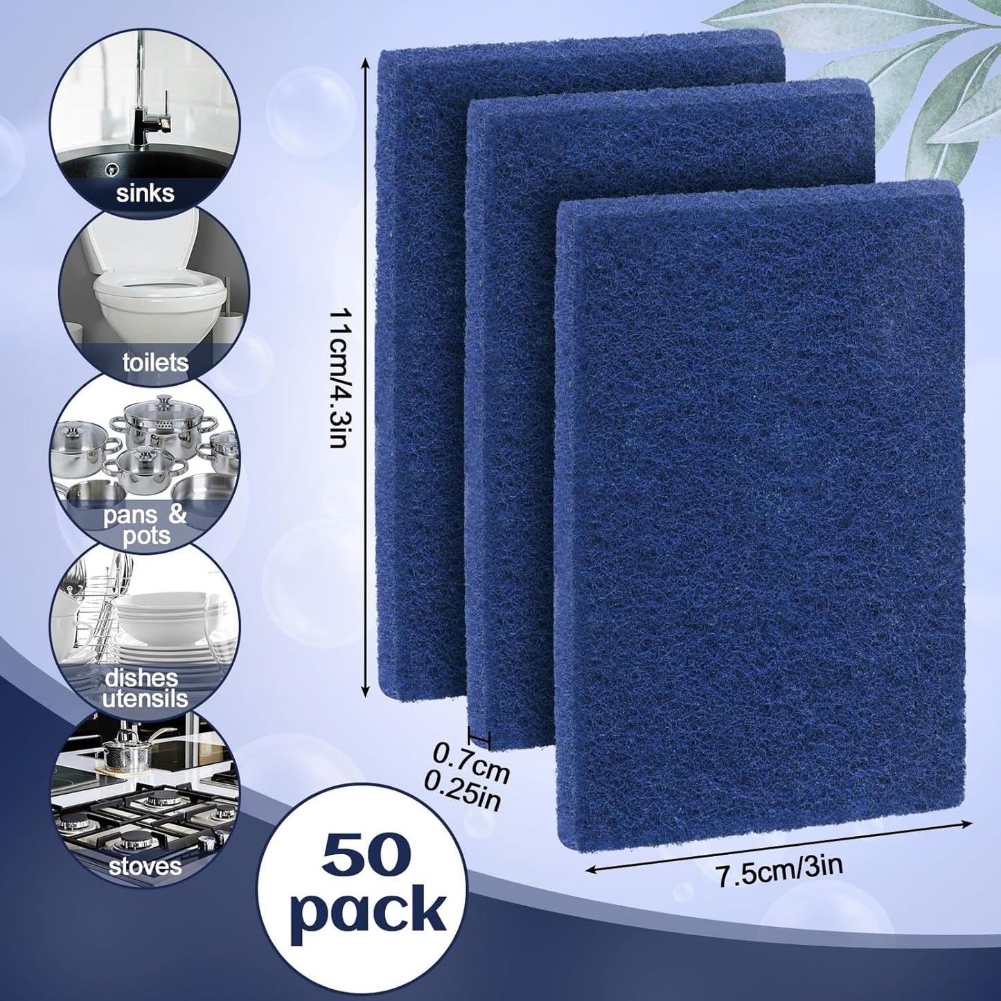 Hoolerry 100 Pcs Heavy Duty Scouring Pads Non Scratch Household Scrub Pads for Cleaning Reusable Pan Scrubber Anti Grease Scrubbing Pads for Dish Kitchen Metal Grills, 4.3 x 3 x 0.3 in (Blue)