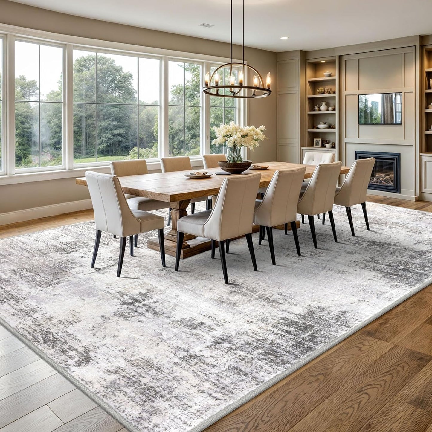 IOHOUZE Abstract Area Rugs 9x12 Ft Washable Large Rugs for Living Room, Non Slip Dining Room Rug, Printed Faux Wool Rugs for Bedroom, Floor Carpet for Office Nursery Playroom, Grey Beige