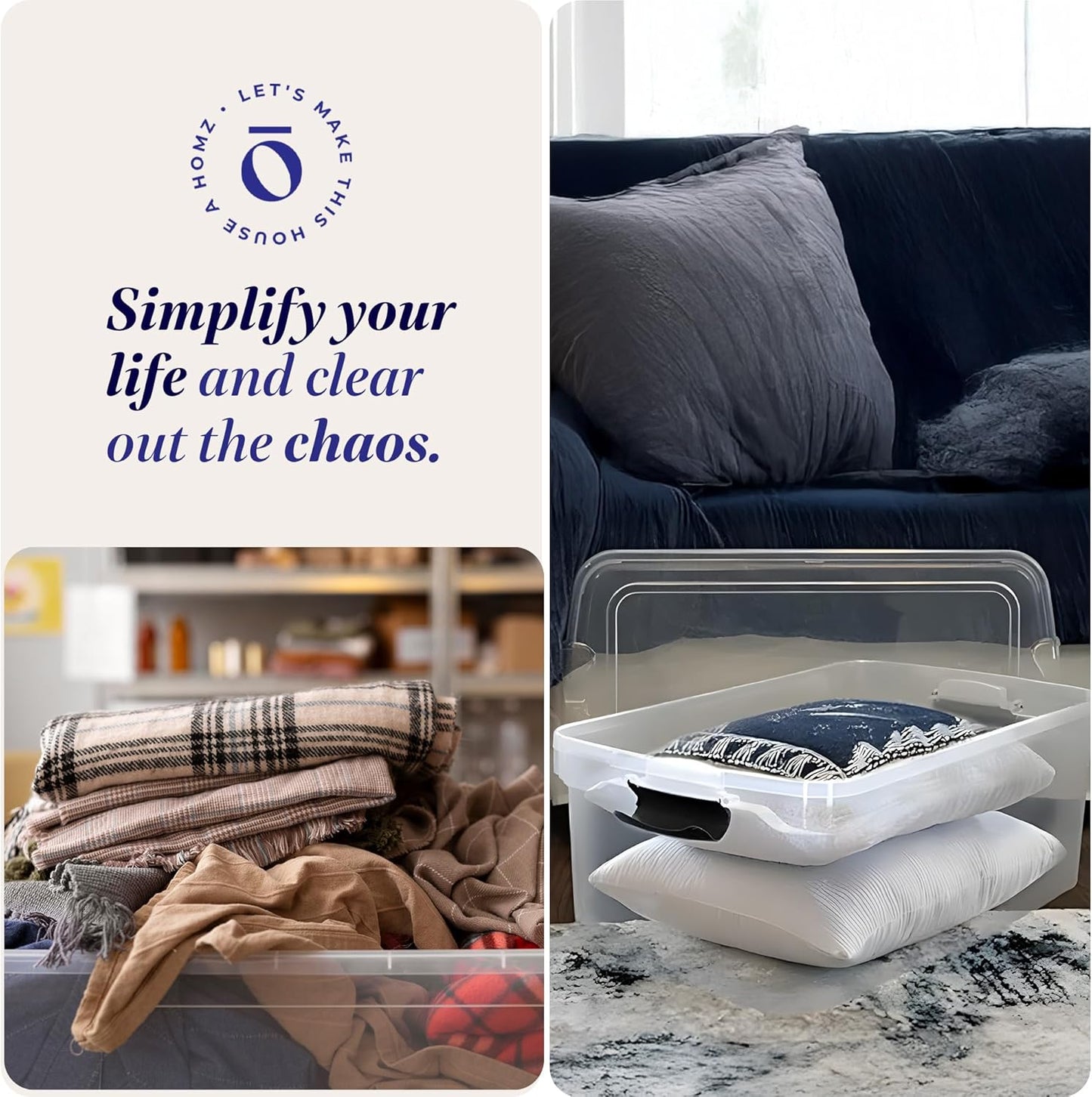 HOMZ 2-Pack Secure Latch, Clear Plastic Storage Organizer Bins, 64 Quart, Gray Latches - Stackable Container Boxes for Bedroom, Bathroom, Garage, and Office Organization