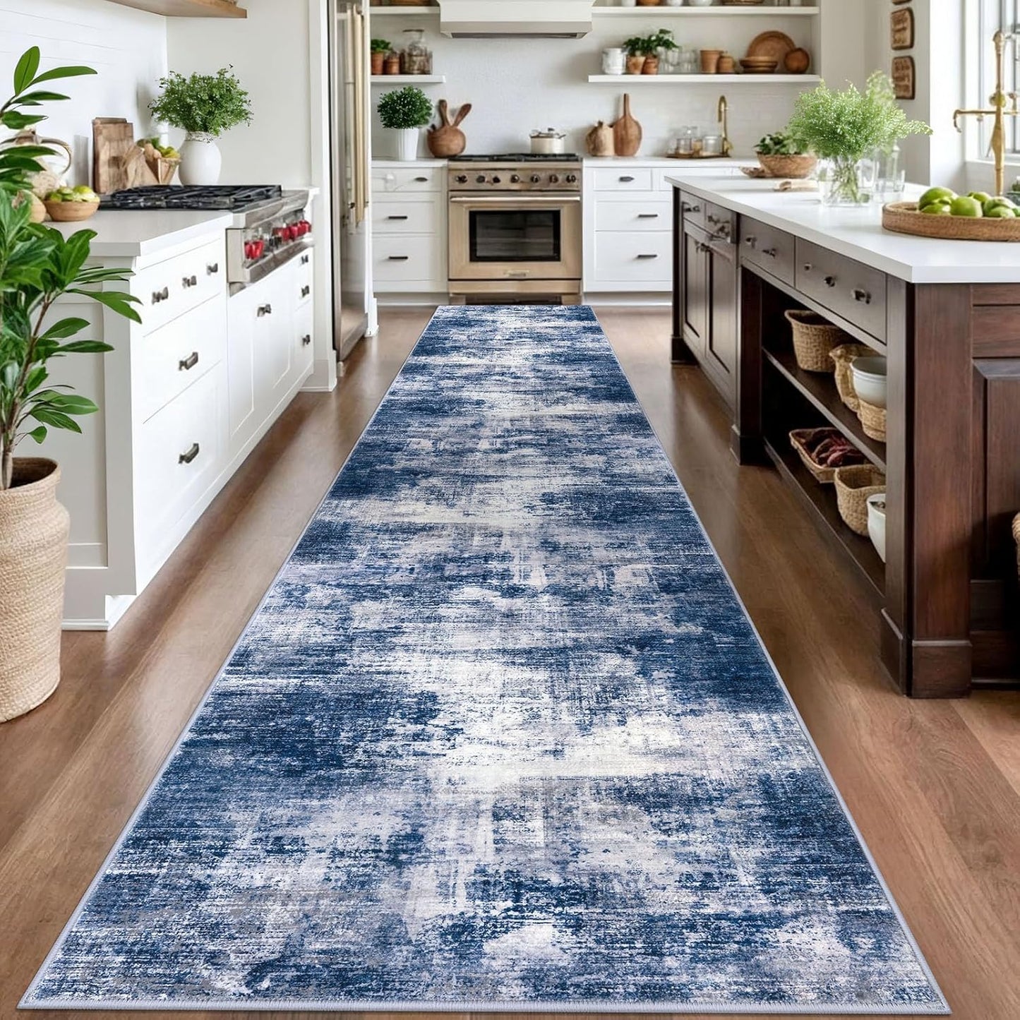IOHOUZE Abstract Runner Rug 3x16 Ft Washable Runners for Hallways, Non Slip Kitchen Runner Printed Faux Wool Entryway Runner Indoor, Modern Abstract Floor Carpet for Hall Stair, Navy/Grey