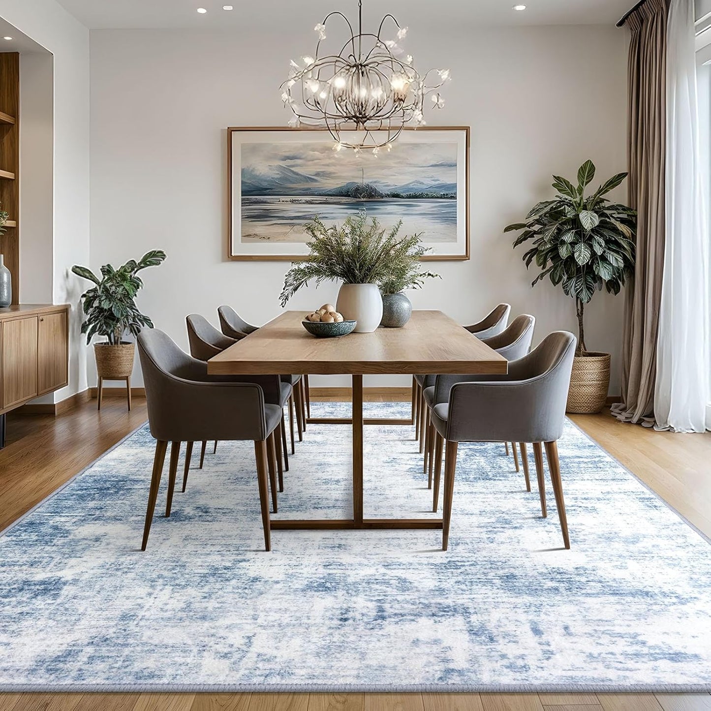 IOHOUZE Abstract Area Rugs 8x10 Ft Washable Large Rugs for Living Room, Non Slip Dining Room Rug, Printed Faux Wool Rugs for Bedroom, Floor Carpet for Office Nursery Playroom, Light Blue White