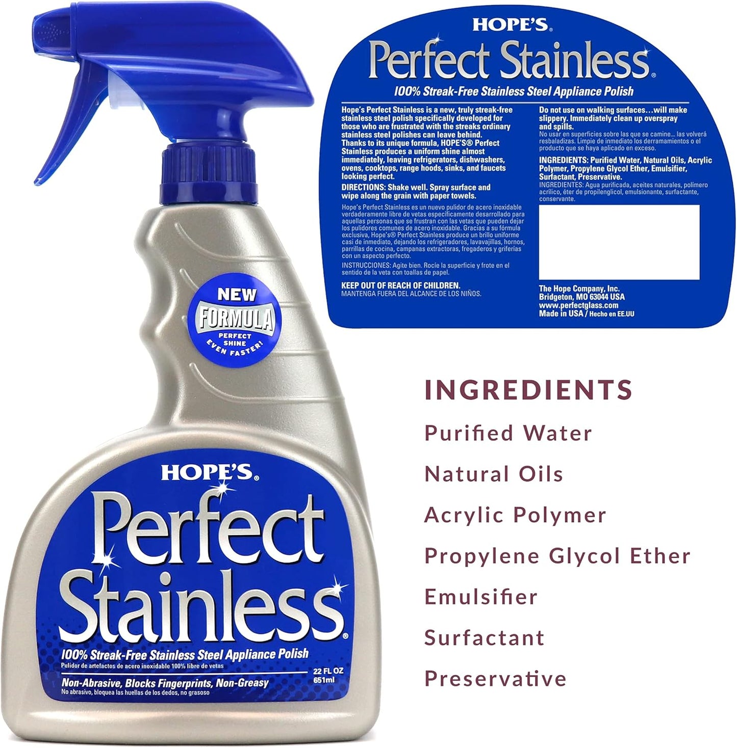 HOPE'S Perfect Stainless Steel Cleaner Streak-Free Self-Polishing Formula, Blocks Fingerprints, Pack of 6, 22 Ounce, 132 Fl Oz