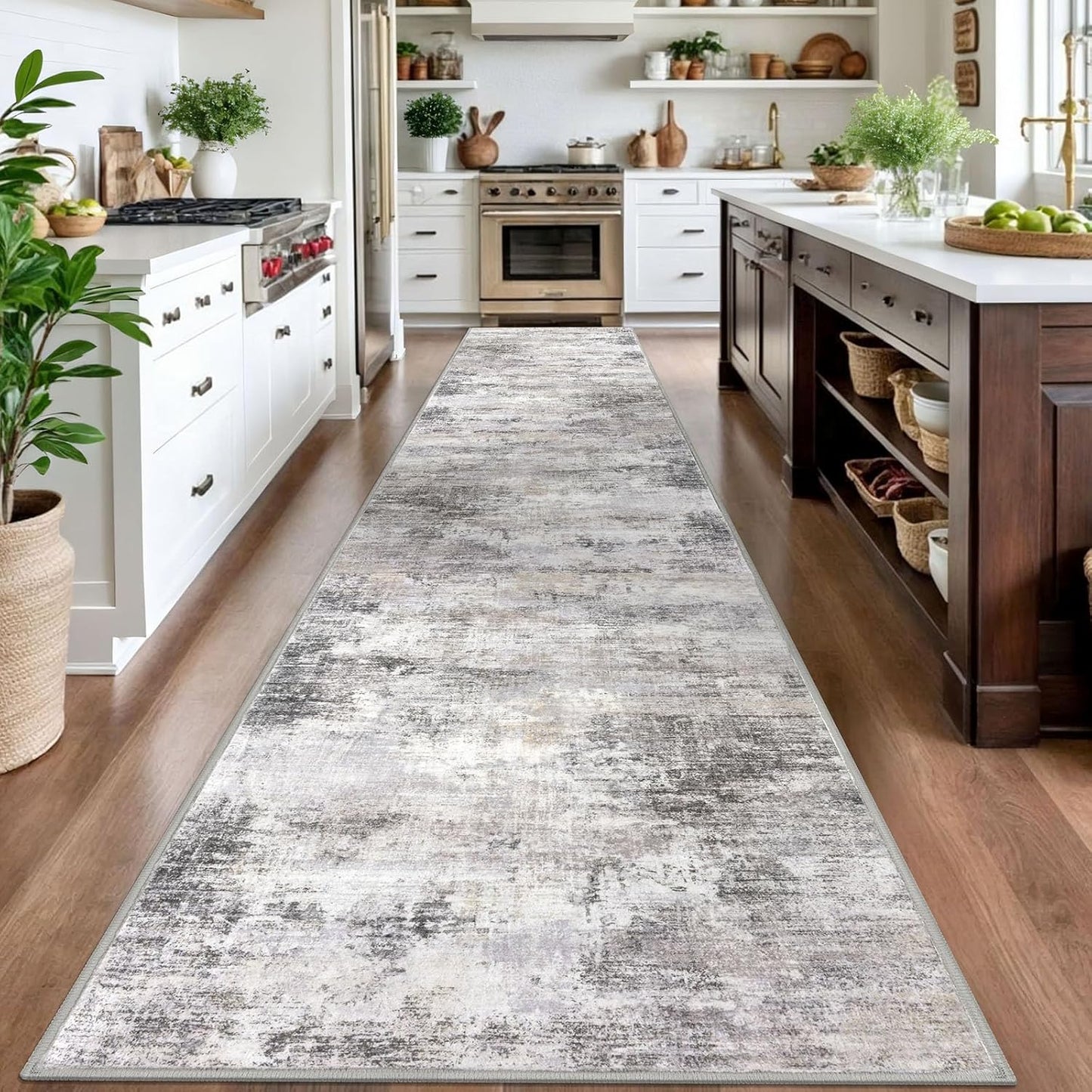 IOHOUZE Abstract Runner Rug 3x16 Ft Washable Runners for Hallways, Non Slip Kitchen Runner Printed Faux Wool Entryway Runner Indoor, Modern Abstract Floor Carpet for Hall Stair, Grey Beige