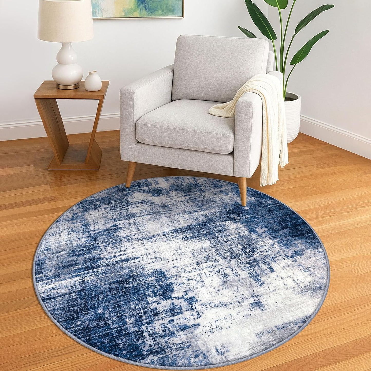 IOHOUZE Round Area Rug 5 Ft Circle Entryway Rugs Round Washable Door Mat Indoor Entrance, Non Slip Circle Front Door Rug, Printed Abstract Faux Wool Floor Carpet for Foyer Porch Sink, Navy/Grey