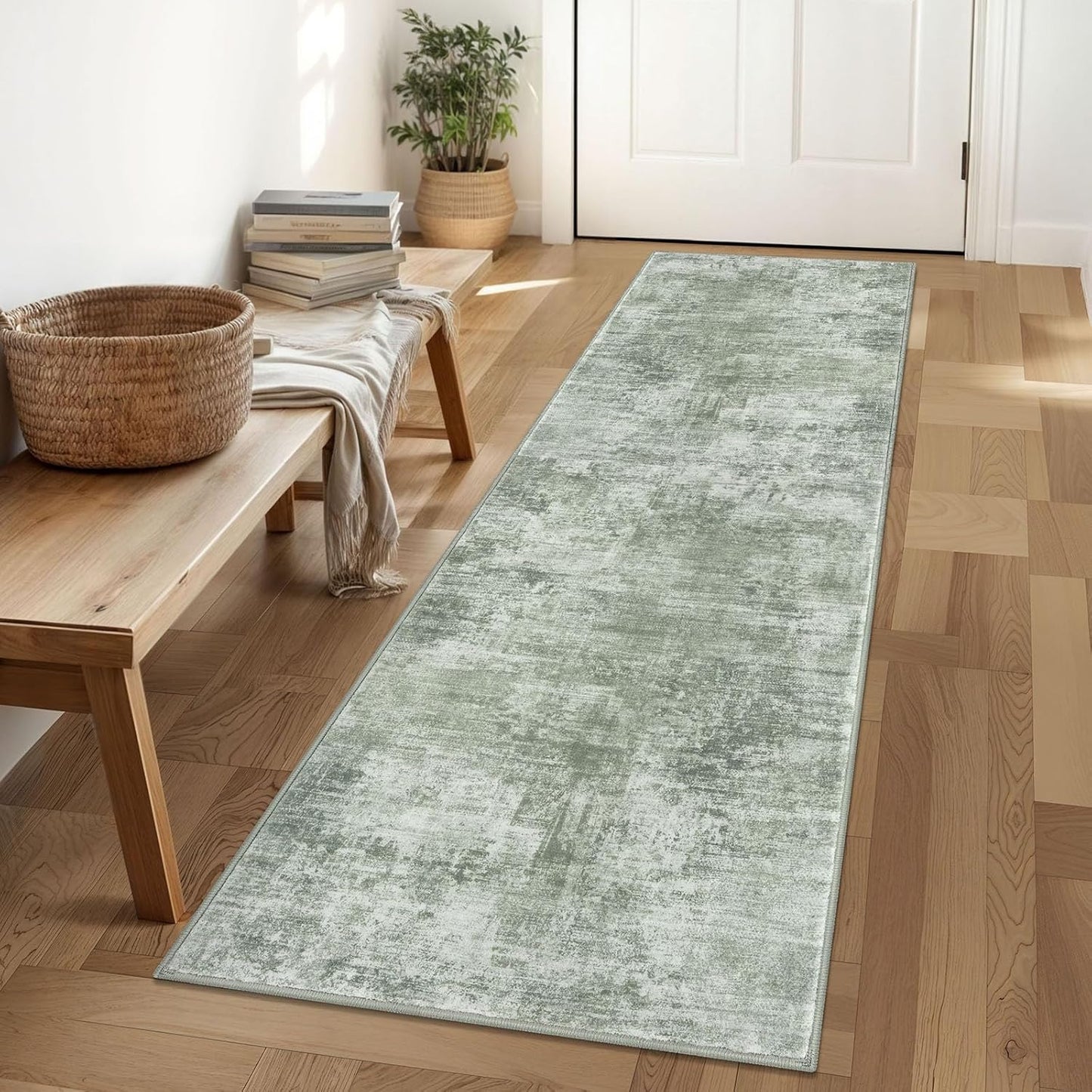 IOHOUZE Abstract Runner Rug 2x6 Ft Washable Runners for Hallways, Non Slip Kitchen Runner Printed Faux Wool Entryway Runner Indoor, Modern Abstract Floor Carpet for Hall Kitchen Bedroom, Sage Green