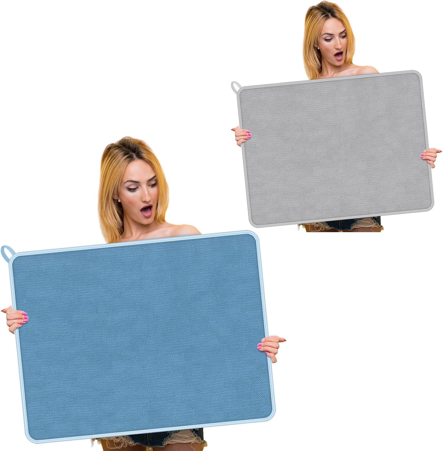 Hushee 2 Pack Extra Large Dish Drying Mat Microfiber Absorbent Dish Drying Pad Large Size Dishes Drainer Mats for Countertop, Sink, Refrigerator or Dryer (30 x 24 Inch,Blue, Gray)