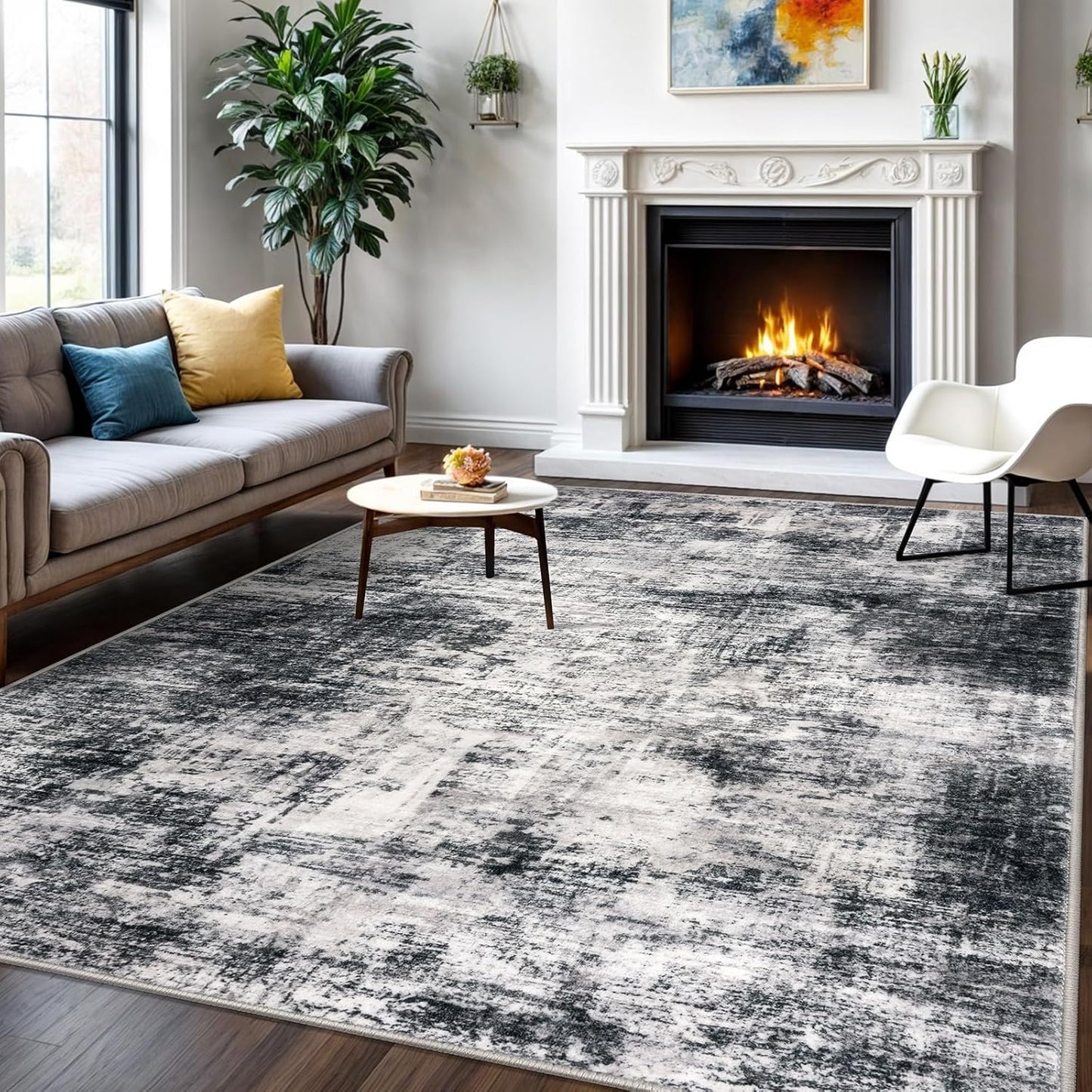 IOHOUZE Modern Abstract Area Rugs 6x9 Ft Washable Rugs for Living Room, Non Slip Dining Room Rug, Printed Faux Wool Rugs for Bedroom, Floor Carpet for Office Nursery Playroom, Black Grey