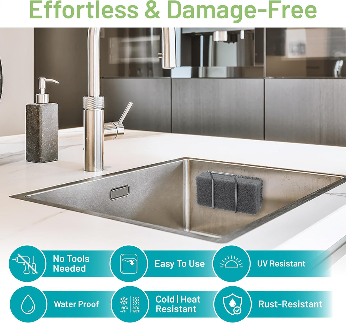 Hook LAB Reusable Sponge Holder for Kitchen Sink & Bathroom Organizer, Mountable Rack for Sponges, Scrubbers, Soaps and Brushes (Silver)