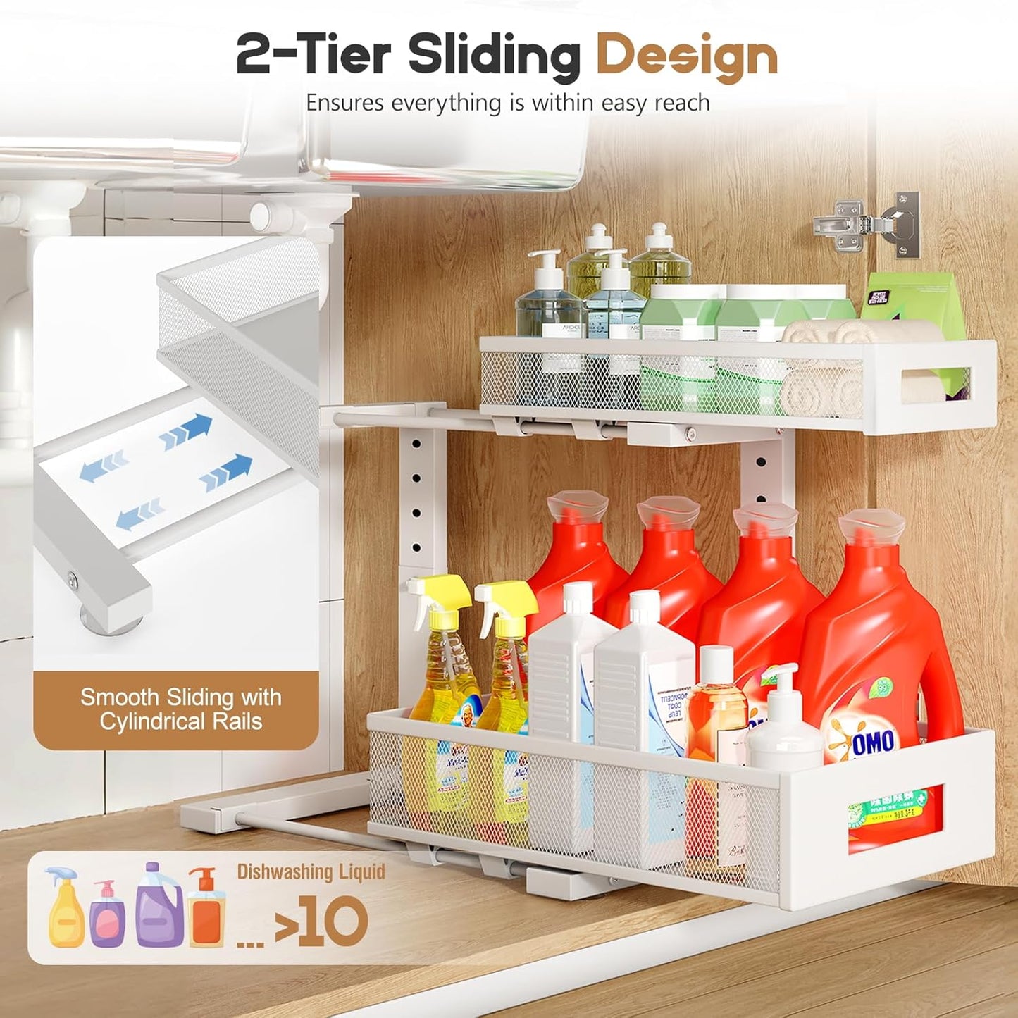 1 Pack-11.4"-16.14"H Under Sink Storage Organizer, Large 2-Tier Elegant Mesh Pull Out Shelf for Kitchen and Bathroom Cabinet Organization, L-Shaped and Adjustable Height Design for Maximum Space-White