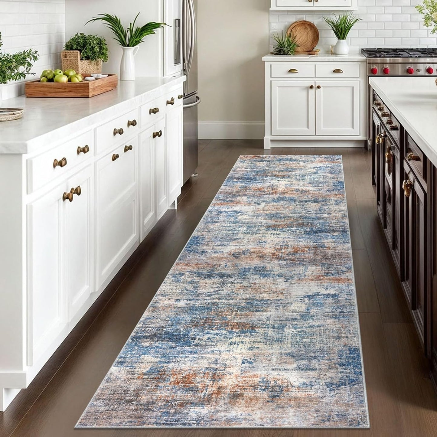 IOHOUZE Abstract Runner Rug 3x10 Ft Washable Runners for Hallways, Non Slip Kitchen Runner Printed Faux Wool Entryway Runner Indoor, Modern Abstract Floor Carpet for Hall Bedroom, Blue Rust