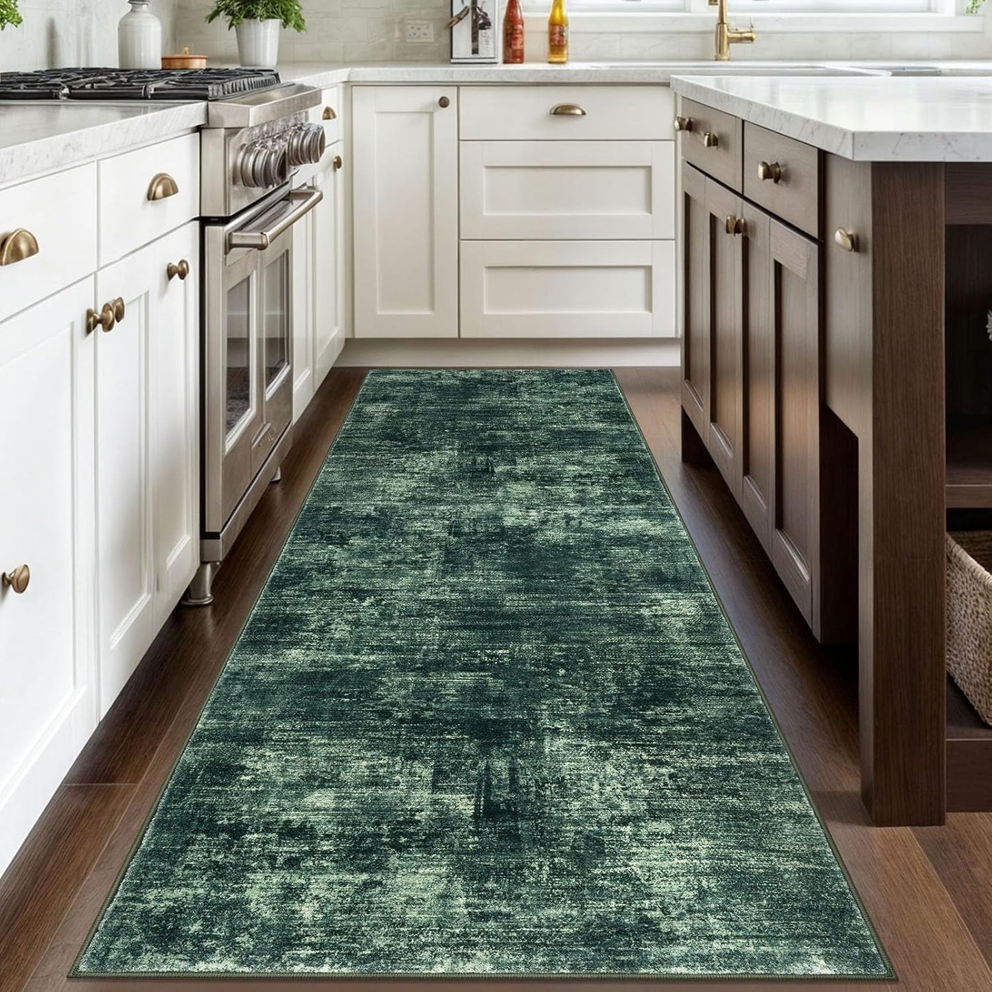 IOHOUZE Abstract Runner Rug 3x8 Ft Washable Runners for Hallways, Non Slip Kitchen Runner Printed Faux Wool Entryway Runner Indoor, Modern Abstract Floor Carpet for Hall Bedroom, Dark Green