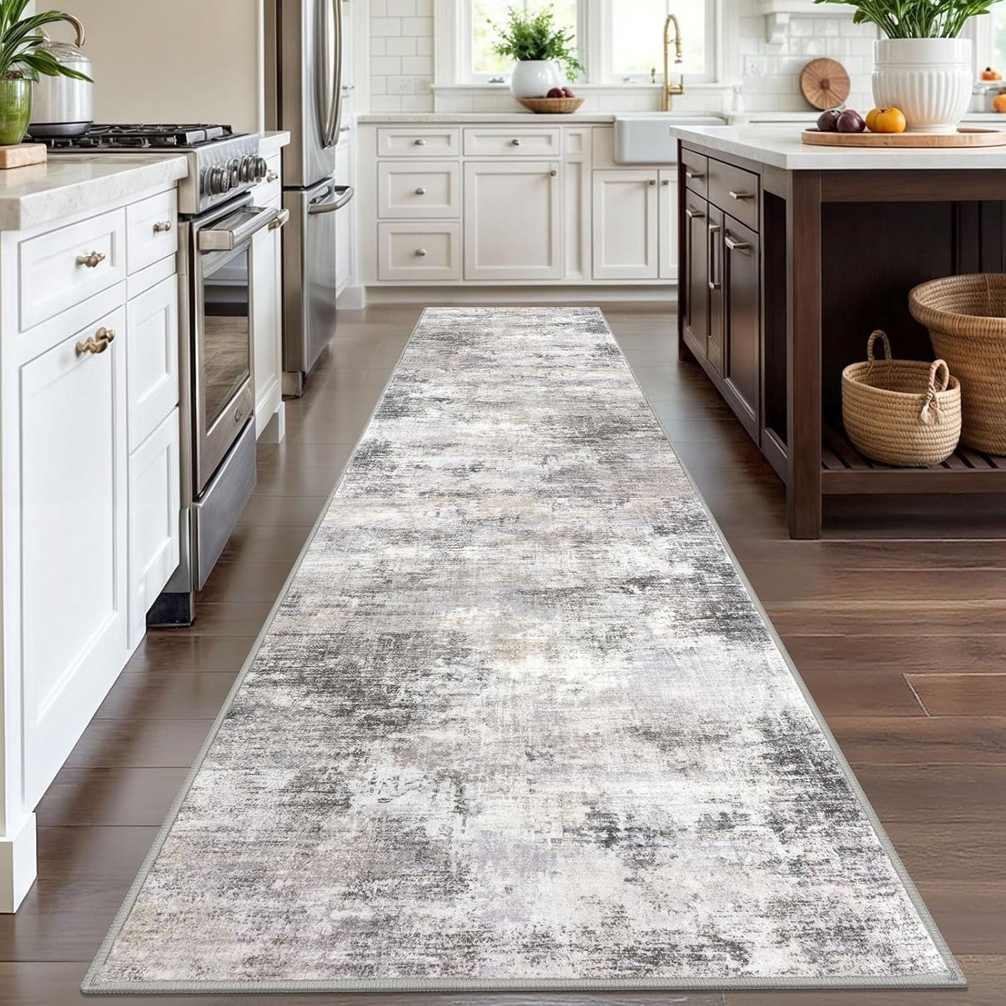 IOHOUZE Abstract Runner Rug 3x12 Ft Washable Runners for Hallways, Non Slip Kitchen Runner Printed Faux Wool Entryway Runner Indoor, Modern Abstract Floor Carpet for Hall Kitchen, Grey Beige