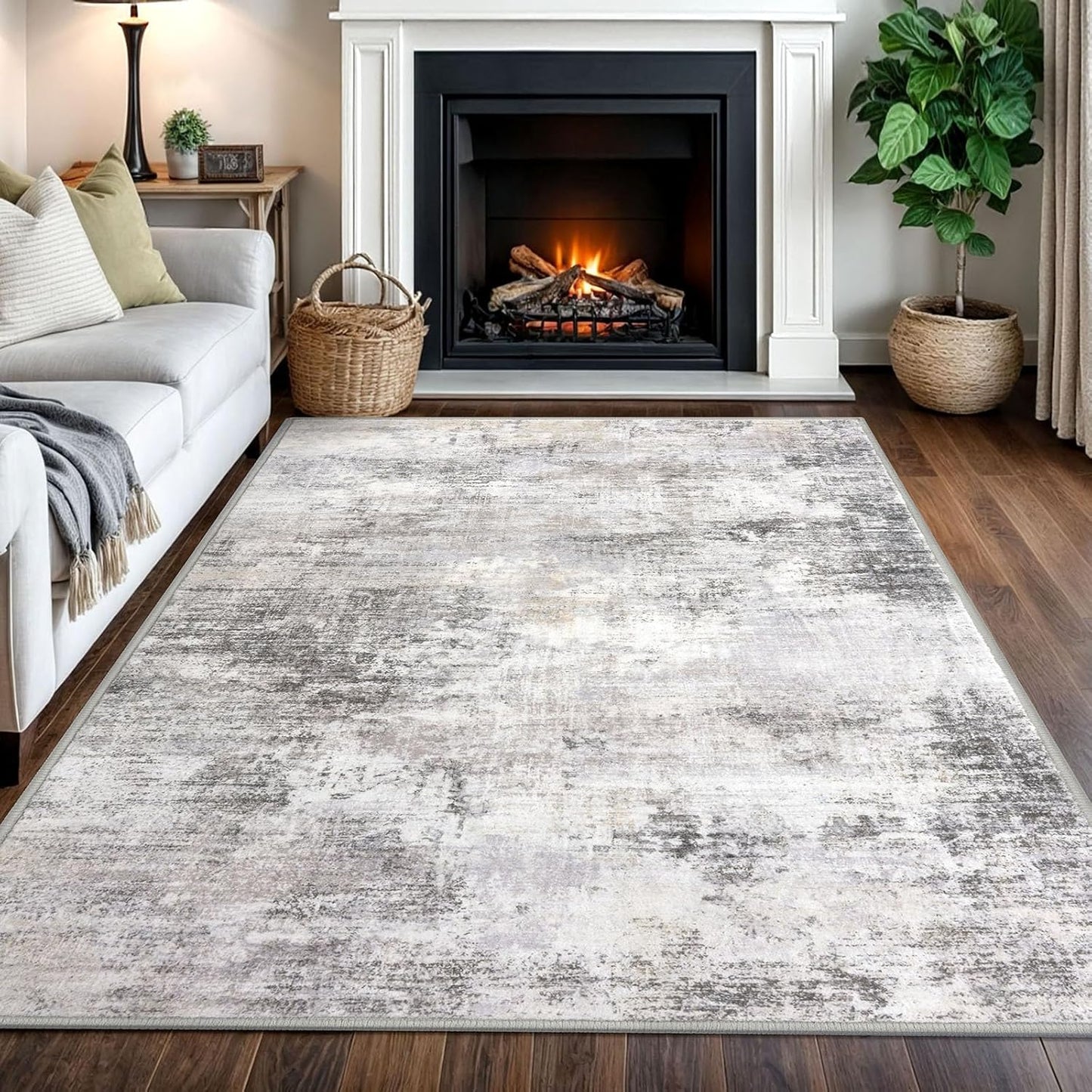 IOHOUZE Abstract Area Rugs 5x7 Ft Washable Rugs for Living Room, Non Slip Dining Room Rug, Printed Faux Wool Rugs for Bedroom, Floor Carpet for Kitchen Nursery Playroom, Grey Beige