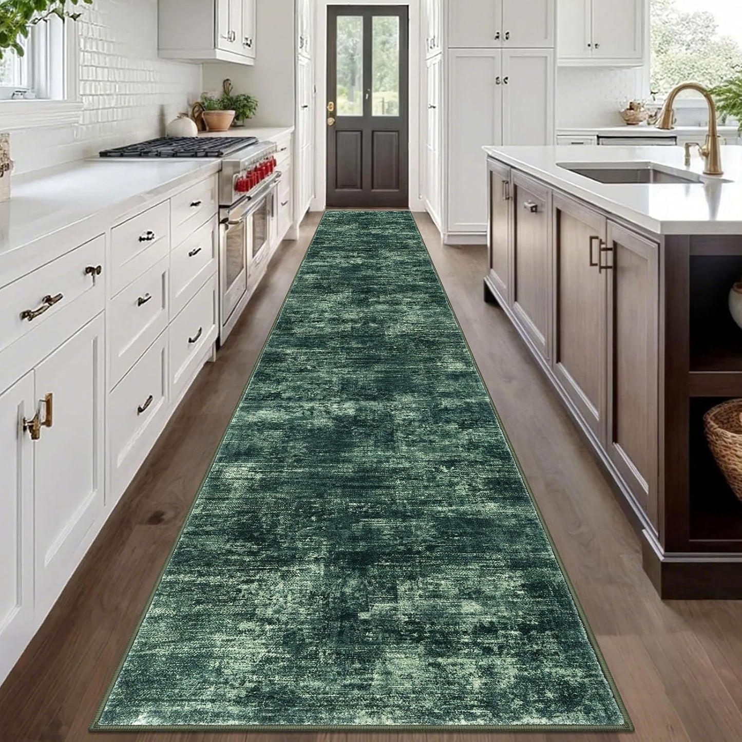 IOHOUZE Abstract Runner Rug 3x20 Ft Extra Long Washable Runners for Hallways, Non Slip Kitchen Runner Printed Faux Wool Entryway Runner Indoor, Modern Abstract Floor Carpet for Hall Stair, Dark Green