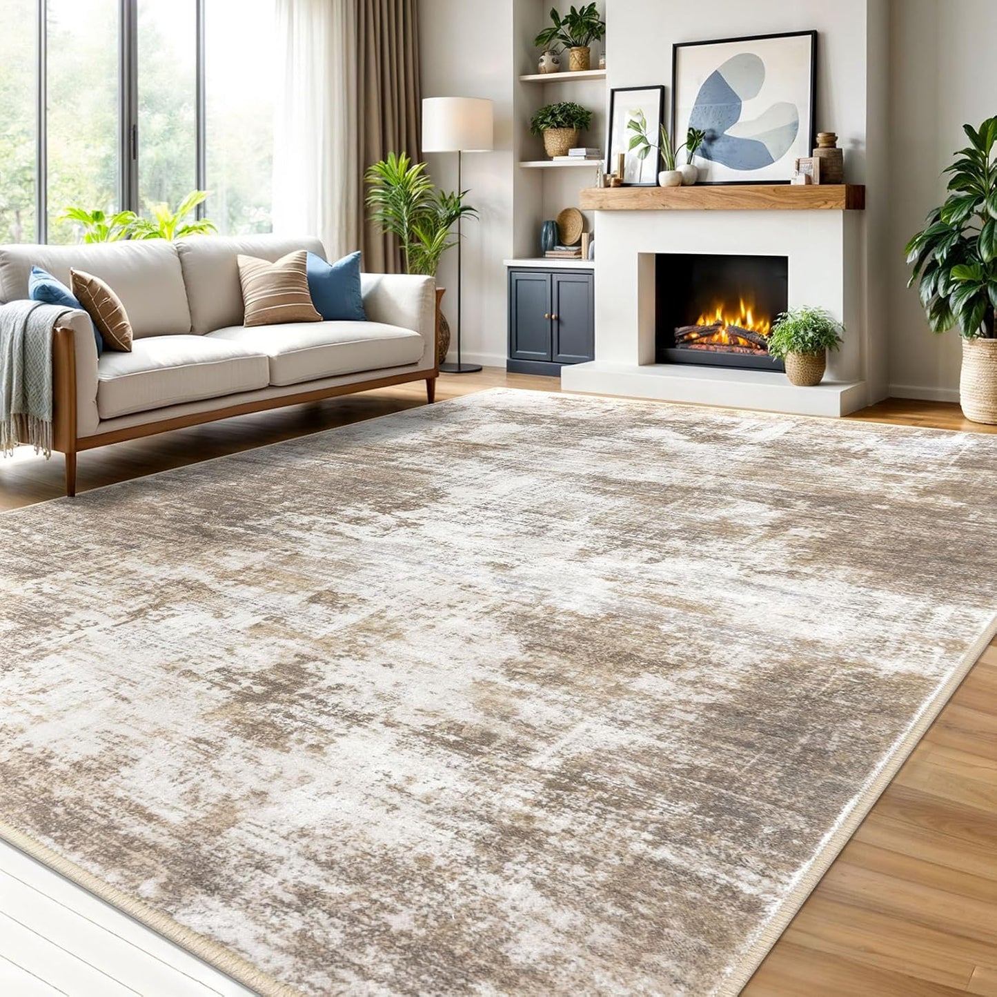 IOHOUZE Abstract Area Rugs 9x12 Ft Washable Large Rugs for Living Room, Non Slip Dining Room Rug, Printed Faux Wool Rugs for Bedroom, Floor Carpet for Office Nursery Playroom, Beige Brown