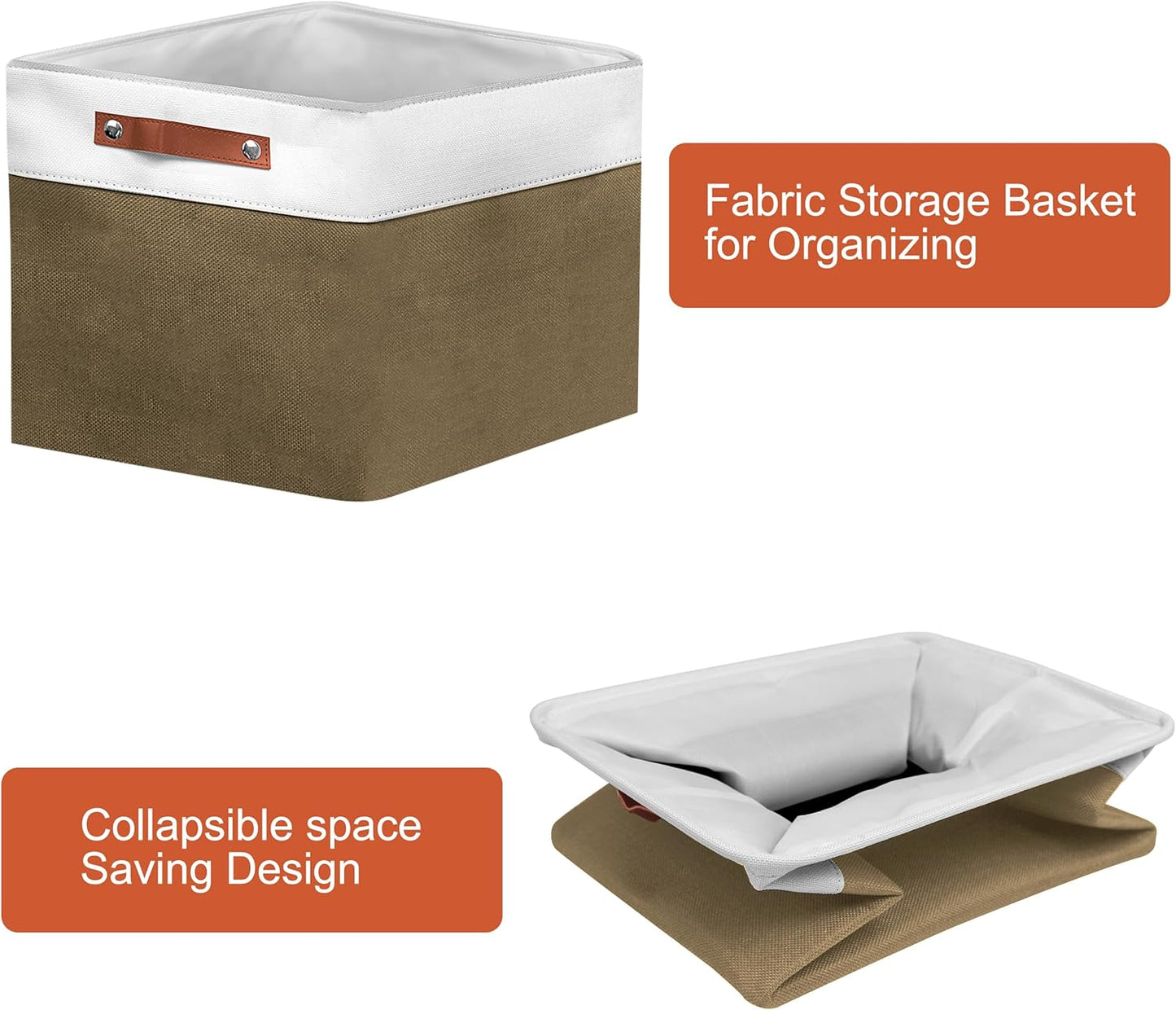 11in Open Fabric Storage Basket with Leather Handles for Organizing, Collapsible Linen Closet Bins for Shelves, Closets, Laundry, Decorative Basket for Gifts. (White＆Brown, 2PCS/11x11in)