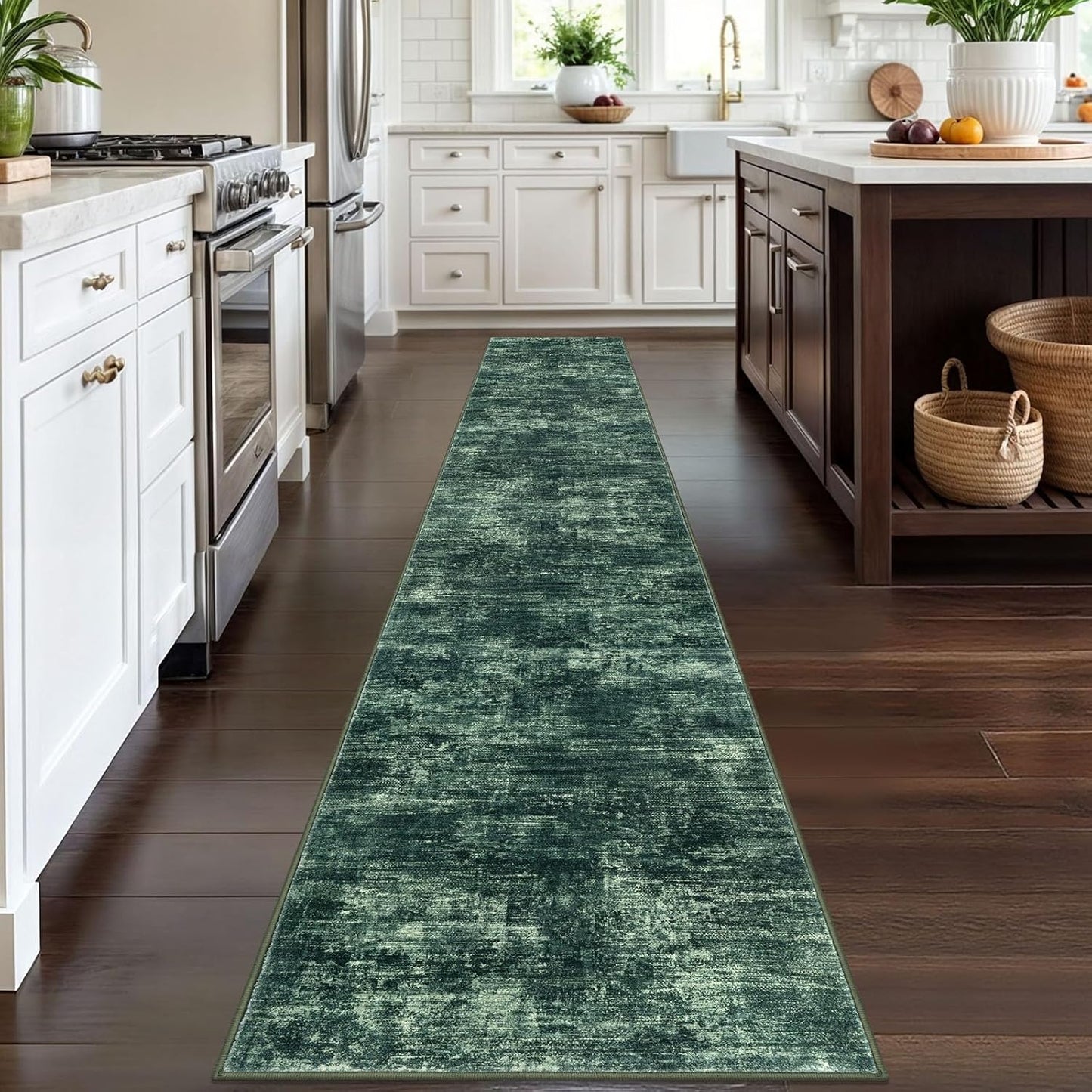 IOHOUZE Abstract Runner Rug 2x12 Ft Washable Runners for Hallways, Non Slip Kitchen Runner Printed Faux Wool Entryway Runner Indoor, Modern Abstract Floor Carpet for Hall Kitchen, Dark Green