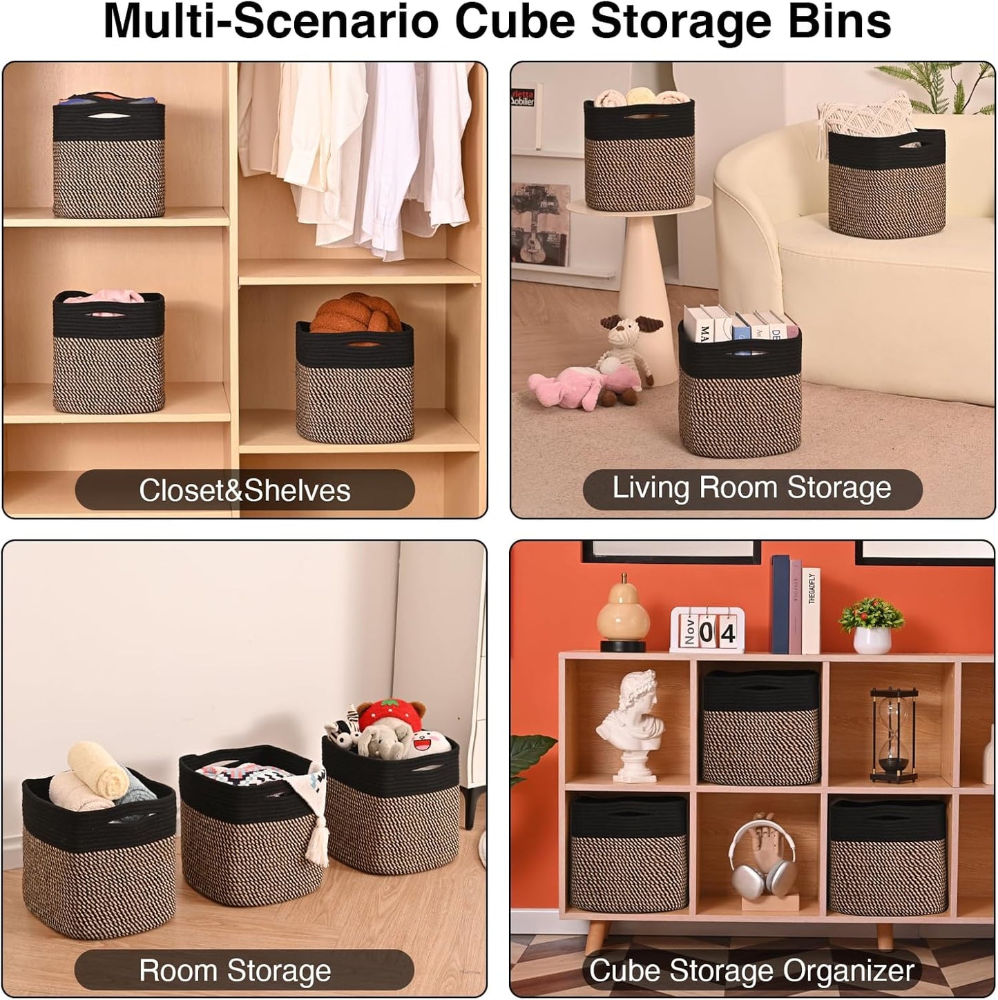 11 Inch Cube Storage Bins, Storage Cube Organizer Bins, Woven Cotton Rope Baskets for Storage, Storage Basket for Organizing Shelves, Square Baskets for Toys Nursery, Black & Jute (Pack of 3)