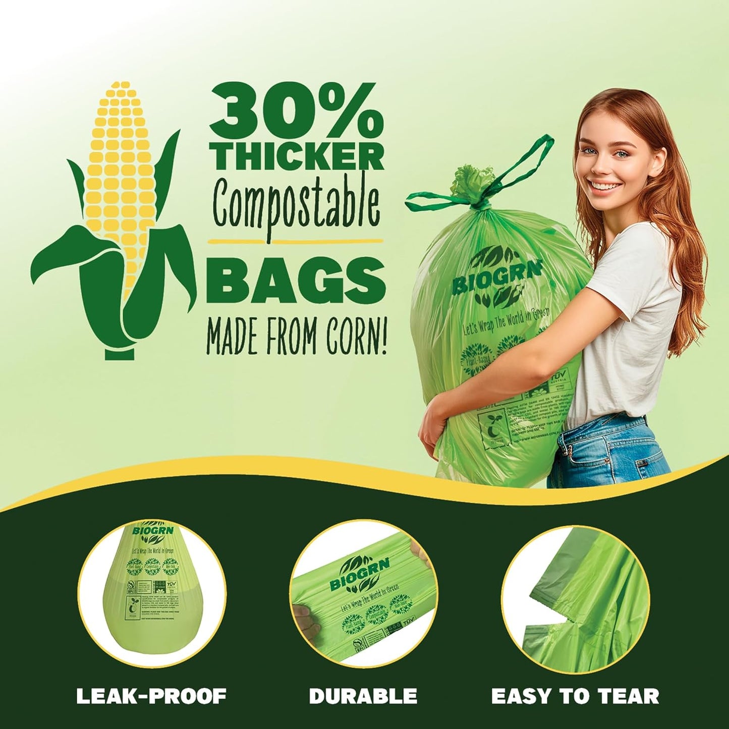 10-13 Gallon Compostable Trash Bags Drawstring 30 Bags Heavy Duty Extra Thick 1 Mil 49.21 Liter Biodegradable Trash Bags Compost Bags Green for Kitchen ASTM D6400 US BPI and OK Compost Home Certified