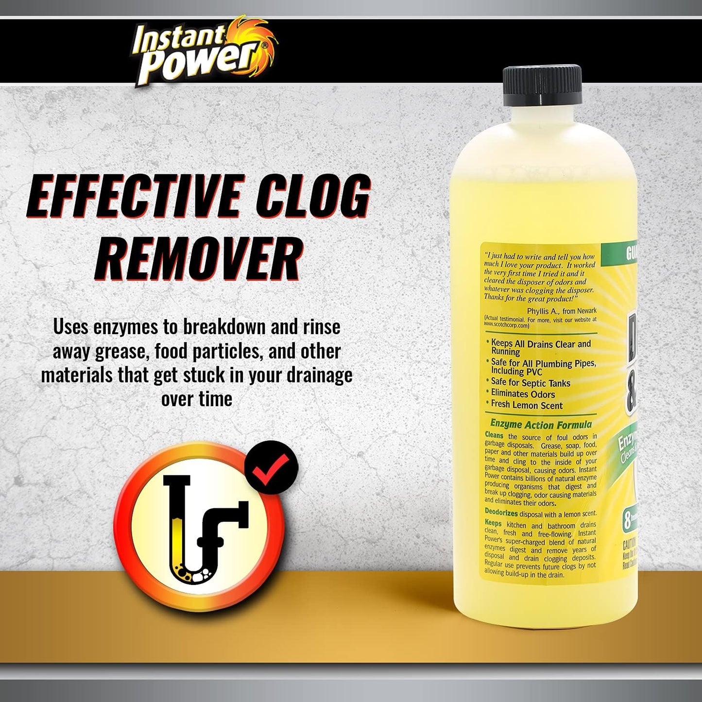Instant Power Disposal and Drain Cleaner – Liquid Enzyme Clog Remover, Cleans and Deodorizes, Removes Drain Blockages, Fresh Lemon Scent, 33.8 Fl oz, 1 Liter