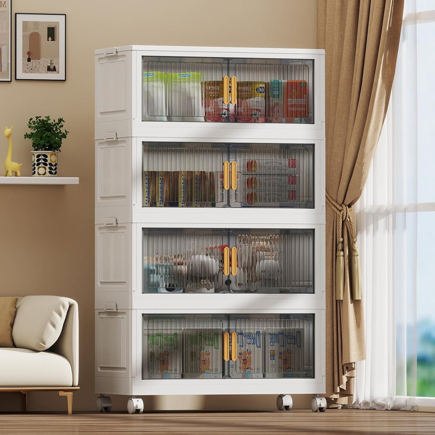 100Gal Stackable Plastic Storage Bins with Lids, Collapsible Closet Organizers and Storage with Wheels for Living Room,Office,Dorm, 30.5" W x 14.6" D x 60" H, 4 Tier