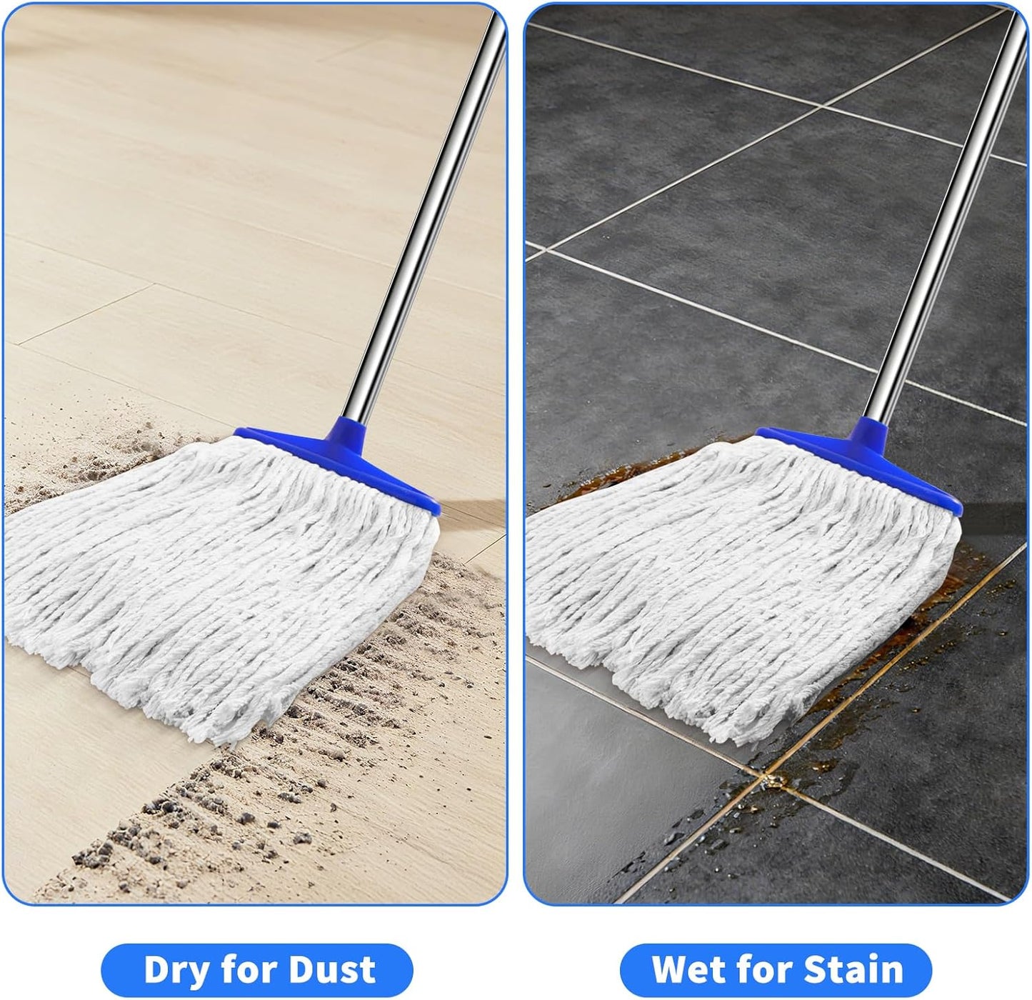Indoor Cotton Mops for Floor Cleaning - Indoor Cleaning Mop for Wood Floors, Tile, Hardwood Floor, 52" Adjustable Stainless Steel Handle Mops to Clean Living Room, Kitchen,Bathroom. (White Blue)