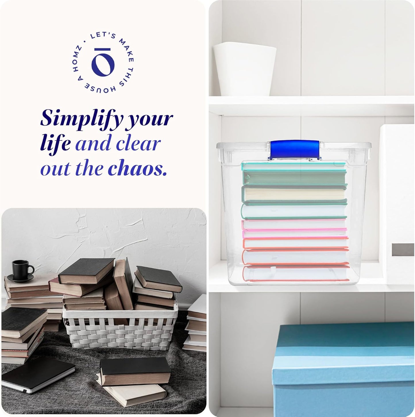 HOMZ 4-Pack Latching Lid, Large Clear Plastic Storage Bins with Lids, 31 Quart, Blue Latch - Stackable Container Boxes for Home, Bathroom, and Office Organization