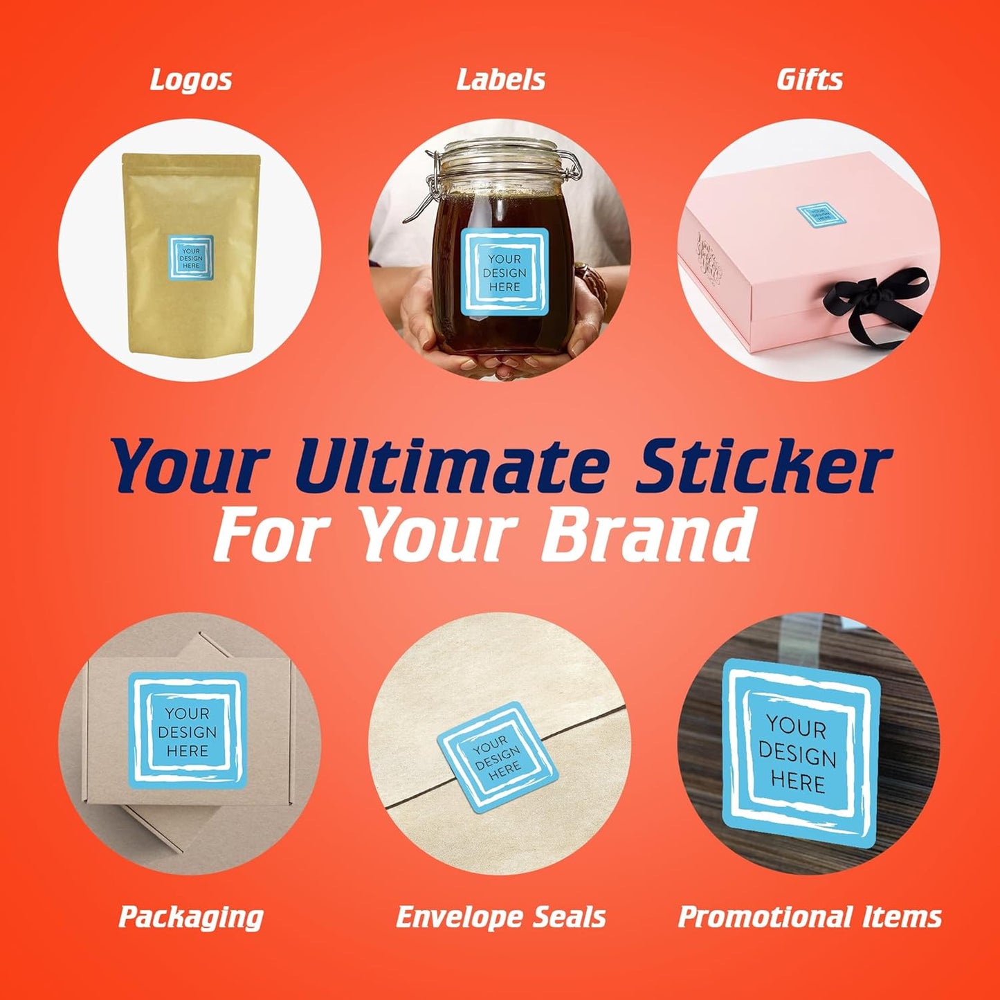 100 Custom Vinyl Stickers - Upload Your own Image, Text, Design, Logo - Personalized Logo Labels for Handmade, Packaging, Bottle, Jars, Candle, Brand Stickers (Blue Swirls, 2x2 Square)
