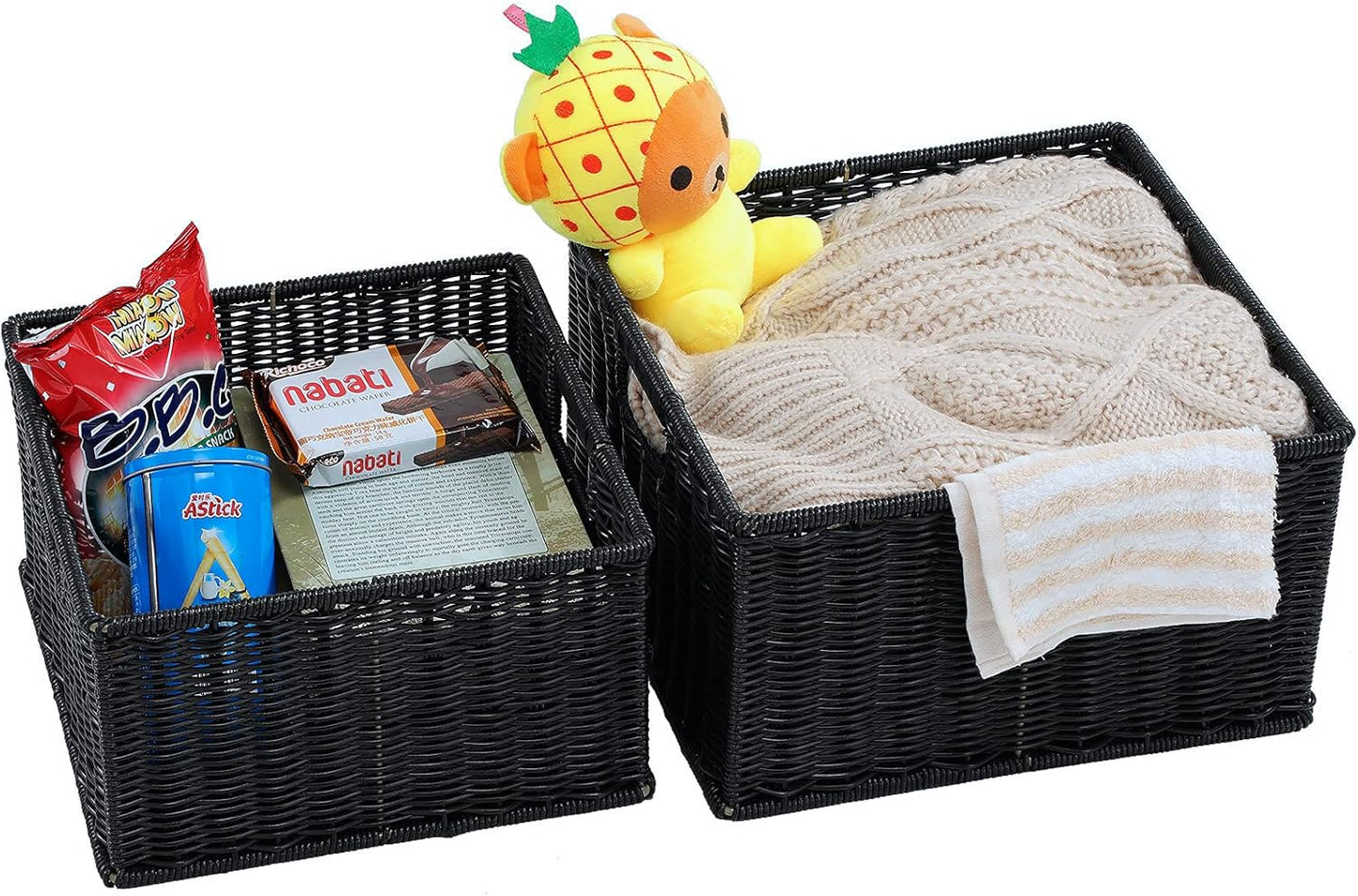 HOONEX Wicker Storage Baskets for Organizing, Decorative Woven Baskets for Storage with Carrying Handles, Set of 2, Black