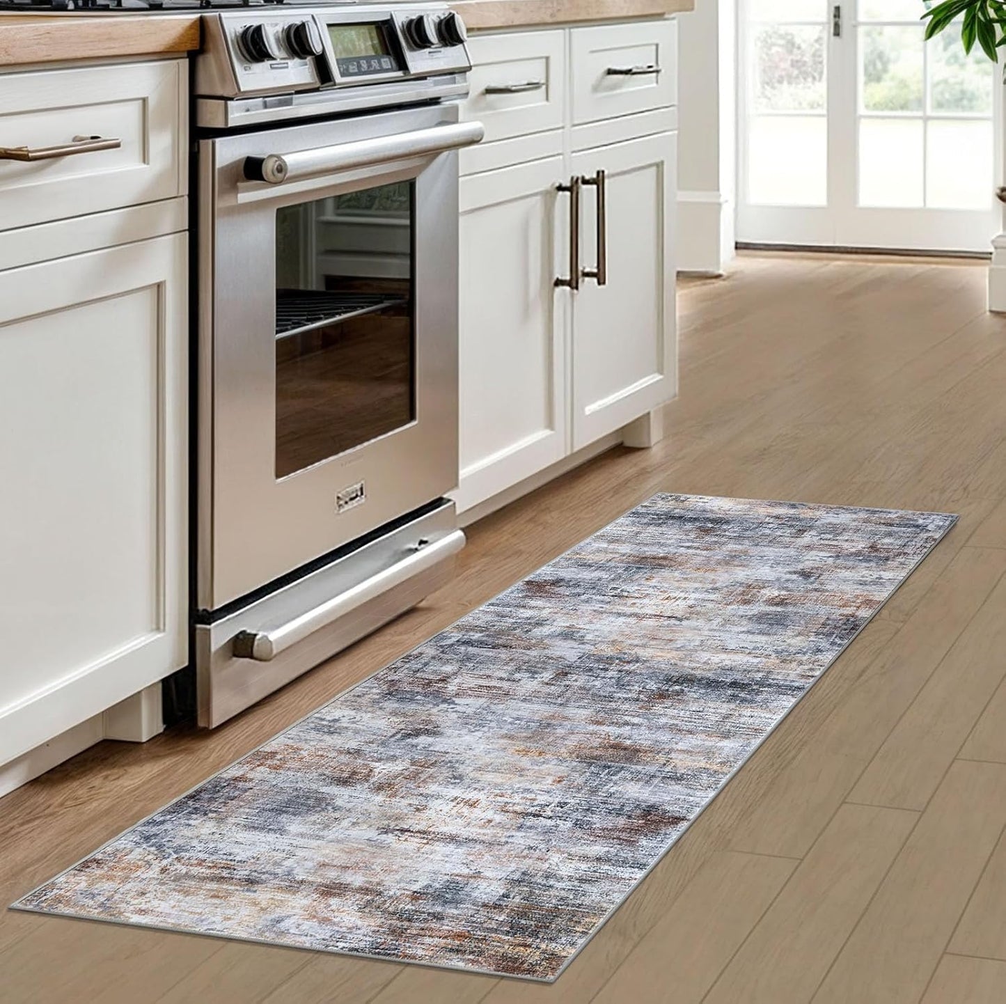 IOHOUZE Abstract Runner Rug 2x6 Ft Washable Runners for Hallways, Non Slip Kitchen Runner Soft Printed Faux Wool Entryway Runner Indoor, Modern Abstract Floor Carpet for Hall Bedroom, Orange Grey