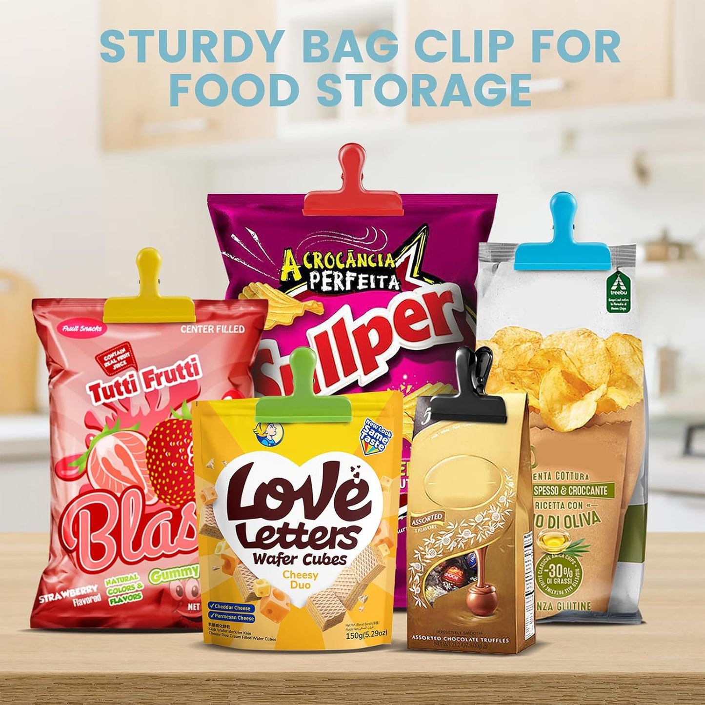 HOUSE AGAIN 8 Pack Stainless Steel Chip Bag Clips Covered with Silicone - NO More Sharp Edges - Color Coded for Food Bags - Air Tight Seal, Heavy Duty, 3 Inches Wide, Red, Yellow, Blue, Green