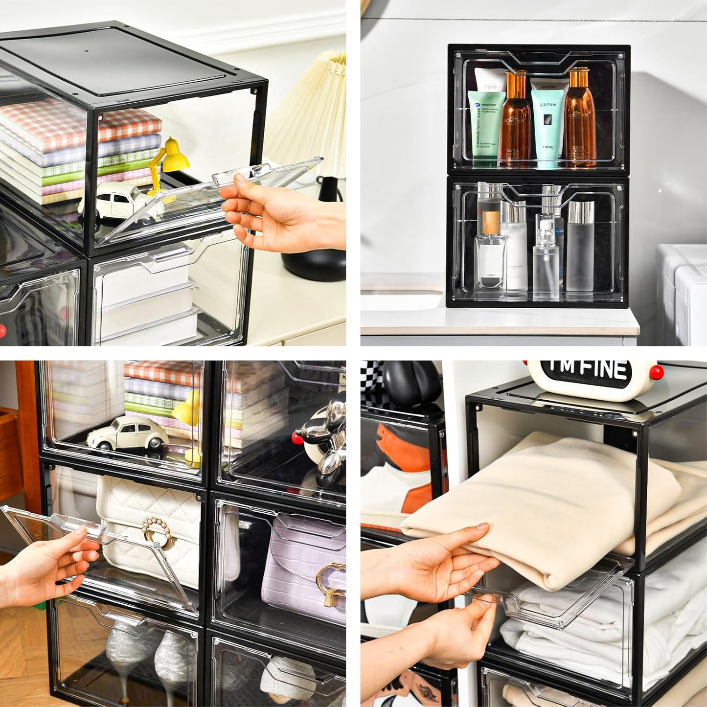 12 Pack Stackable Shoe Storage Organizer with Magnetic Door, Shoe Boxes Clear Black Plastic for Closet, Shoe Rack for Sneaker Boot Container, Shoe Cabinet Fit up to US Size 12