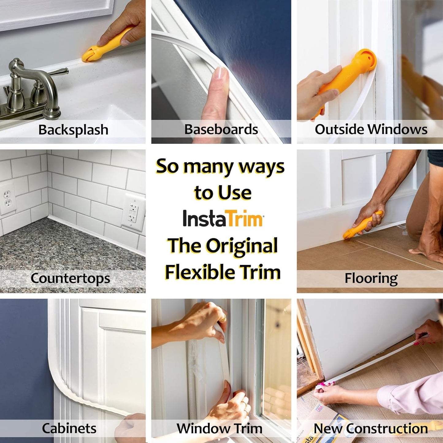 InstaTrim The Original Flexible Trim - 50ft White 3/4" Wide Caulk Tape - Adhesive Trim with Many Uses Including Caulking for Bathtubs, Sinks, Counters, Tile, Floors - Made in USA