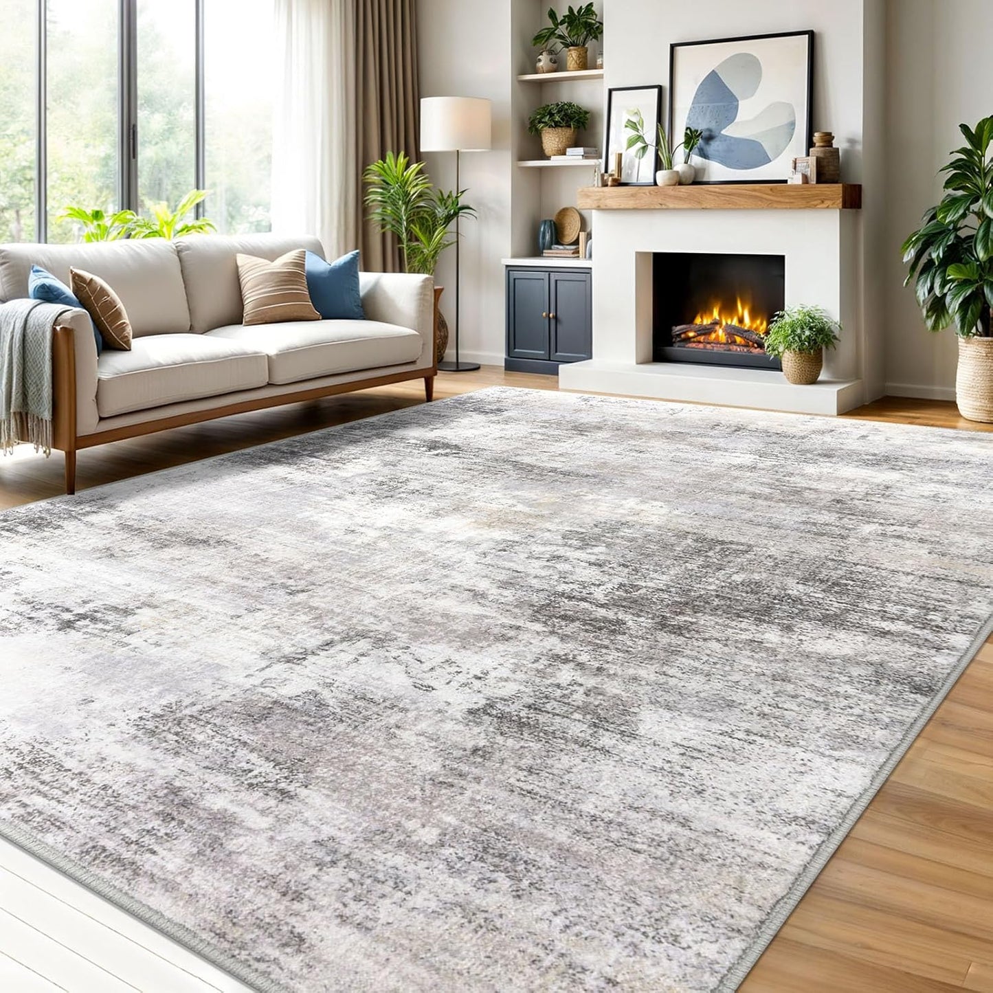 IOHOUZE Abstract Area Rugs 9x12 Ft Washable Large Rugs for Living Room, Non Slip Dining Room Rug, Printed Faux Wool Rugs for Bedroom, Floor Carpet for Office Nursery Playroom, Grey Beige
