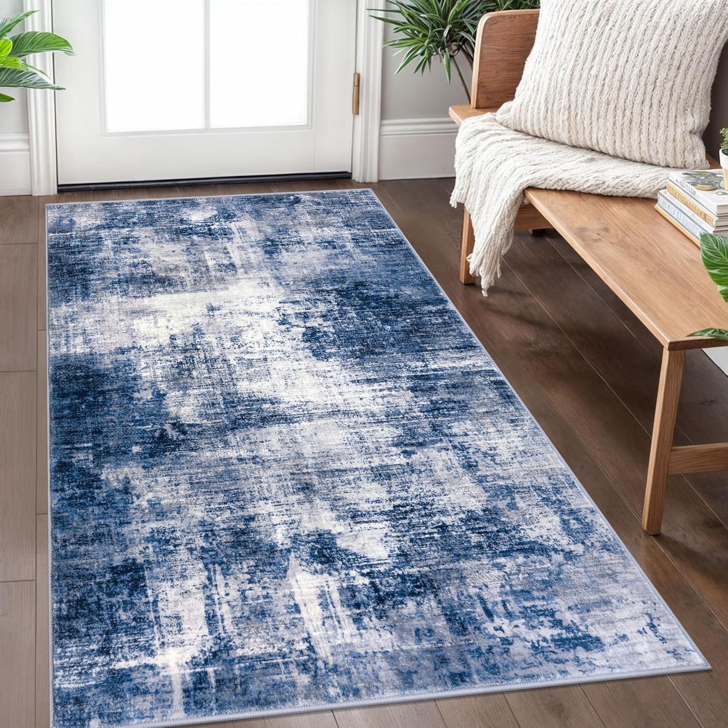IOHOUZE Abstract Area Rug 3x5 Ft Washable Rugs for Entryway Indoor, Non Slip Kitchen Rug Printed Faux Wool Throw Rugs, Indoor Door Mat for Door Entrance Foyer Living Room, Navy/Grey