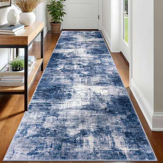 IOHOUZE Abstract Runner Rug 3x12 Ft Washable Runners for Hallways, Non Slip Kitchen Runner Printed Faux Wool Entryway Runner Indoor, Modern Abstract Floor Carpet for Hall Kitchen, Navy/Grey