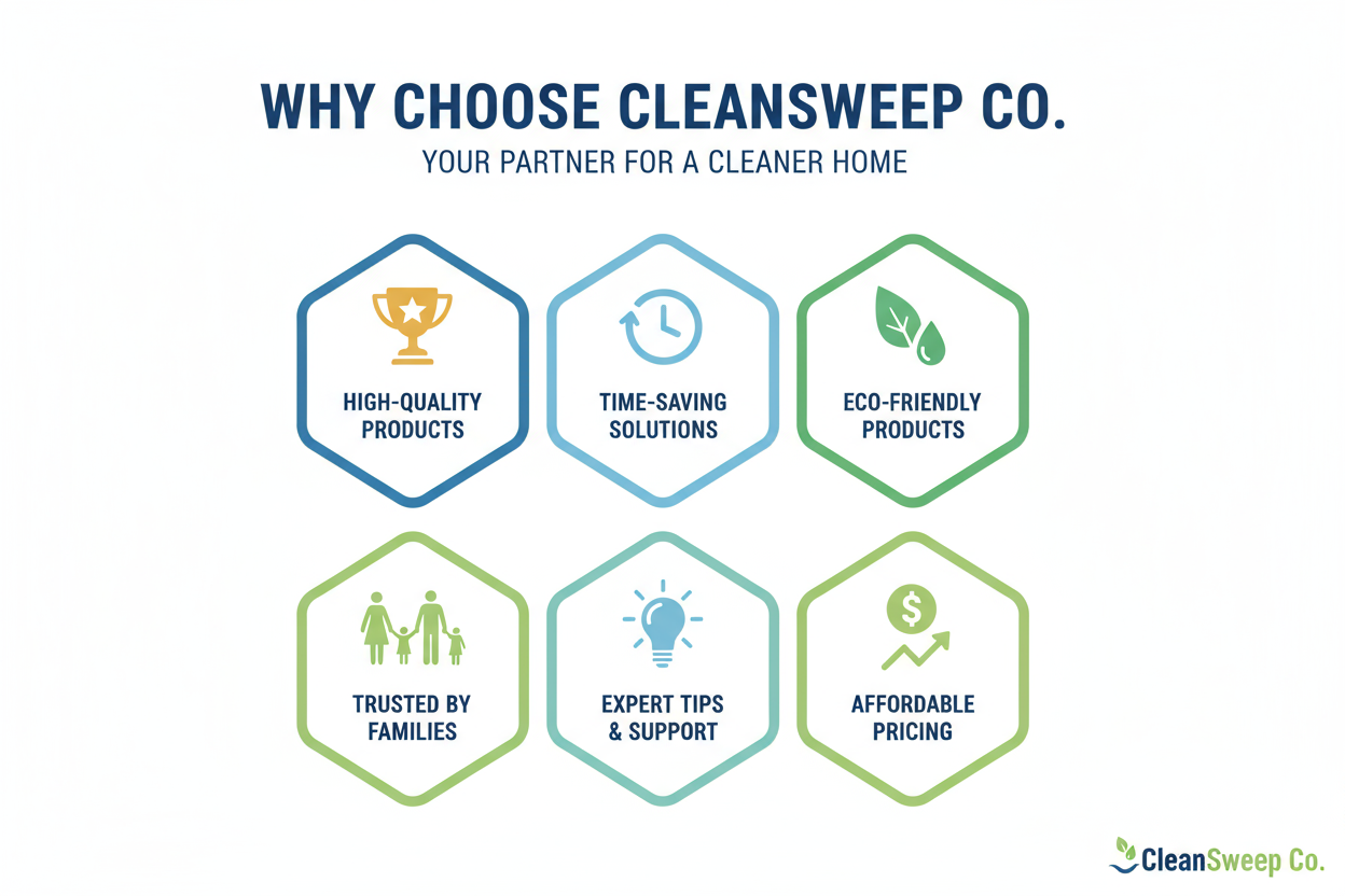 Why Choose CleanSweep Co.? 🧹✨

High-Quality Products 🏆 – Only the best cleaning supplies that get the job done efficiently.

Time-Saving Solutions ⏱️ – Clean smarter, faster, and easier with our expert-picked tools.

Eco-Friendly & Safe 🌱 – Non-toxic options for a healthy home and planet.

Trusted by Families 👨‍👩‍👧‍👦 – Products designed for real homes, real people, and real results.

Expert Tips & Support 💡 – We provide guidance to help you clean like a pro.

Affordable & Accessible 💰 – Top-quality